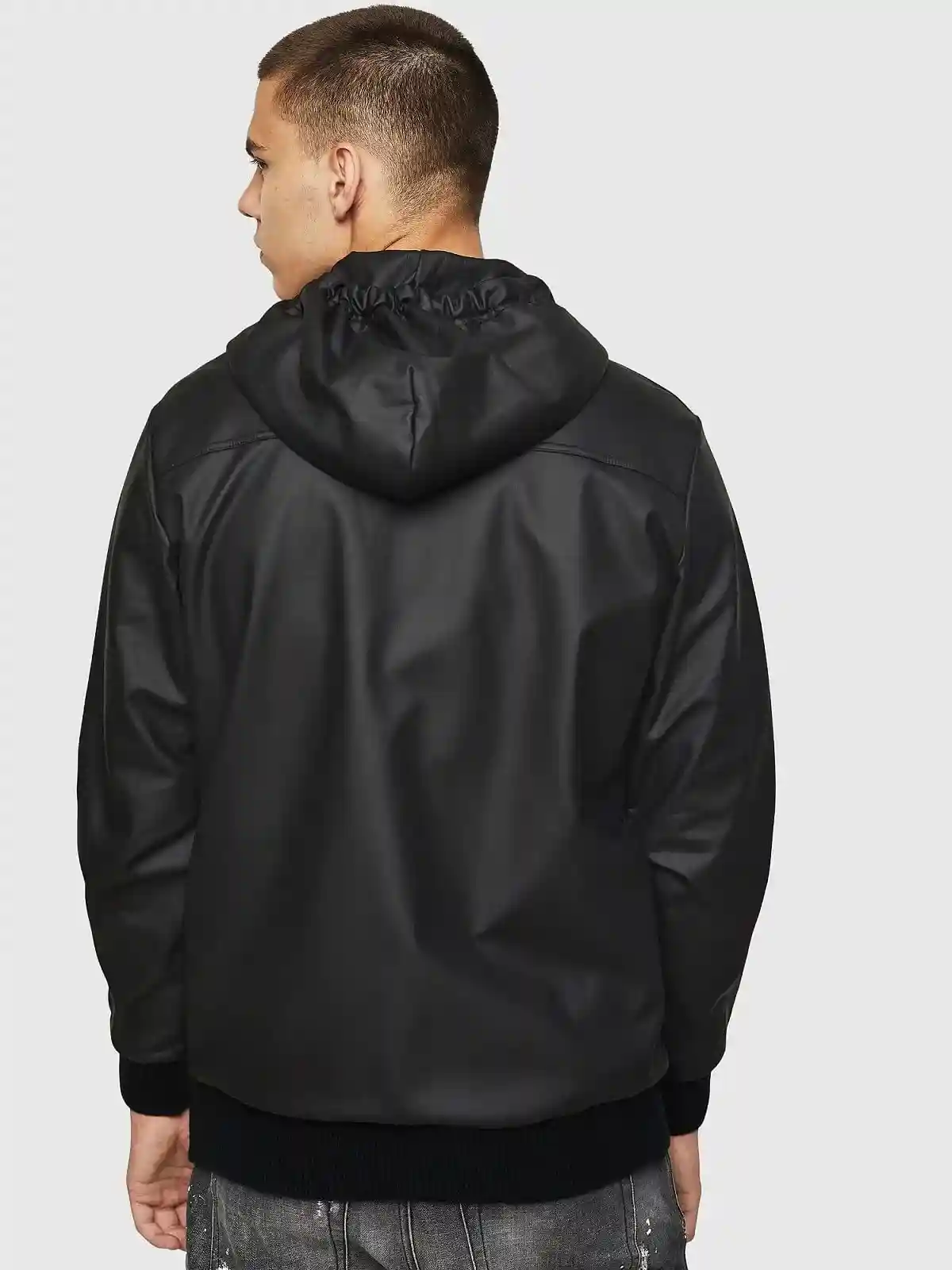 Black Hooded jacket in coated loopback cotton