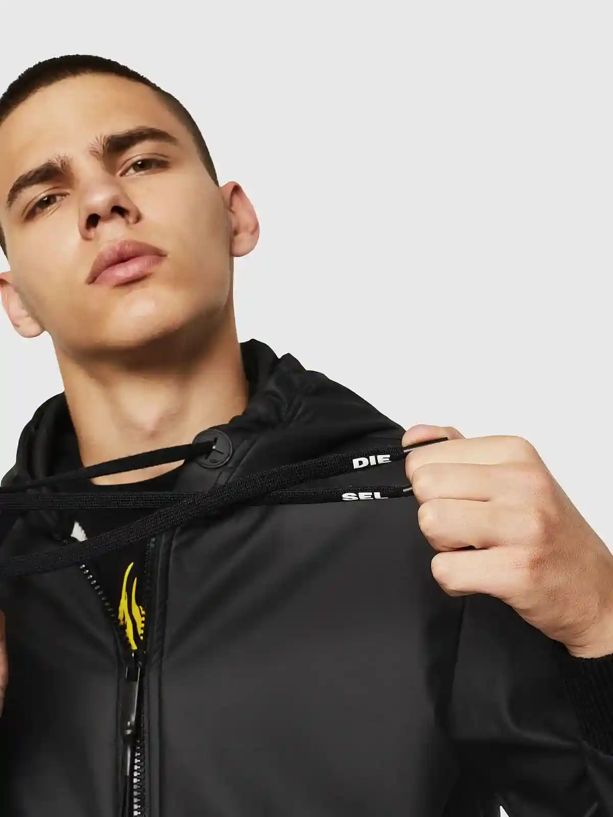 Black Hooded jacket in coated loopback cotton
