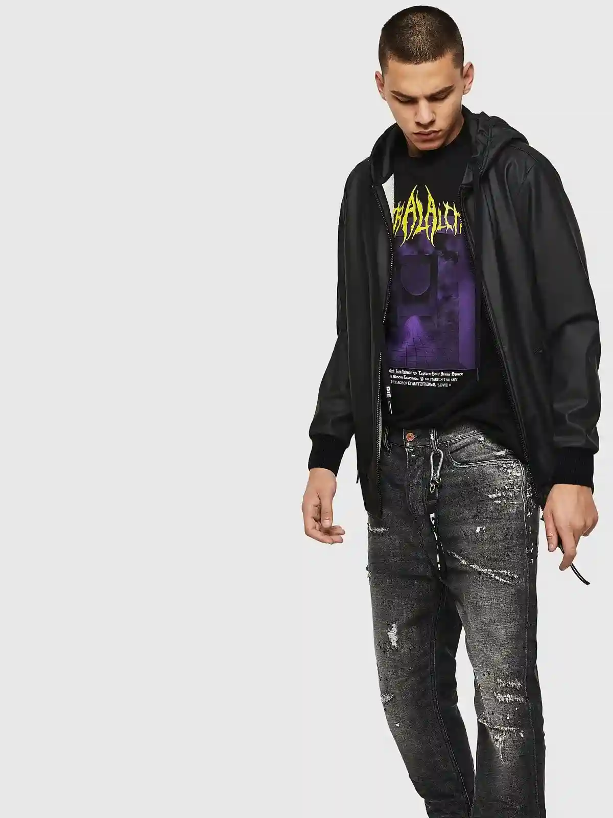 Black Hooded jacket in coated loopback cotton