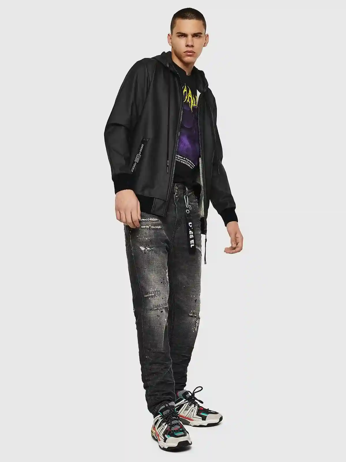 Black Hooded jacket in coated loopback cotton