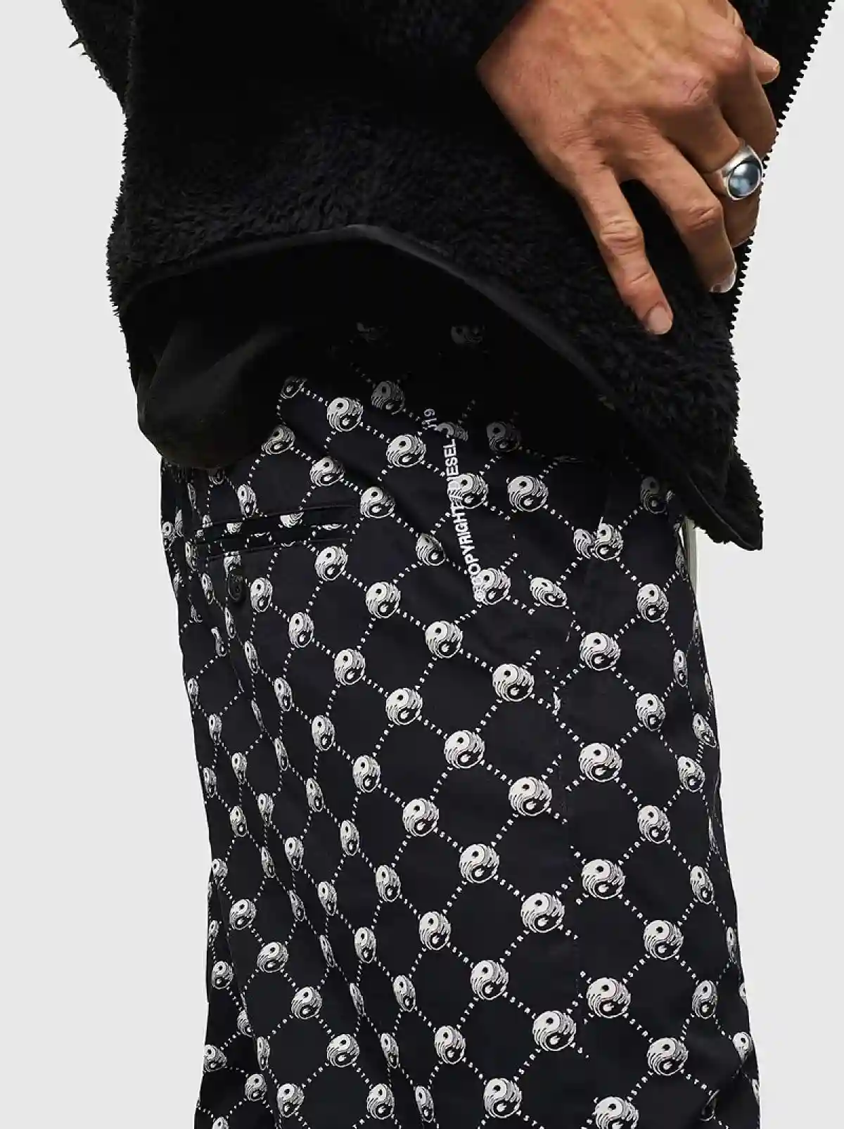 Black Gabardine pants with yin-yang print