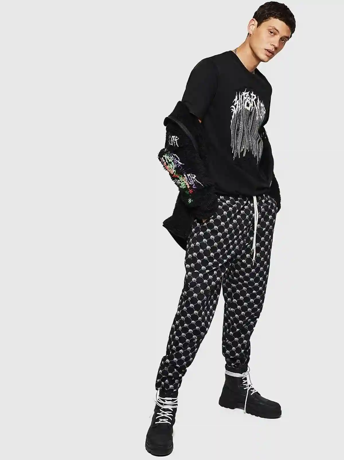 Black Gabardine pants with yin-yang print