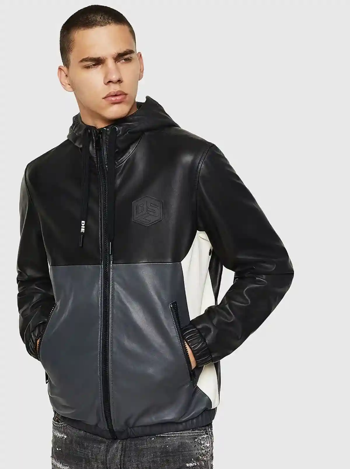 Black Leather jacket with colour-block design
