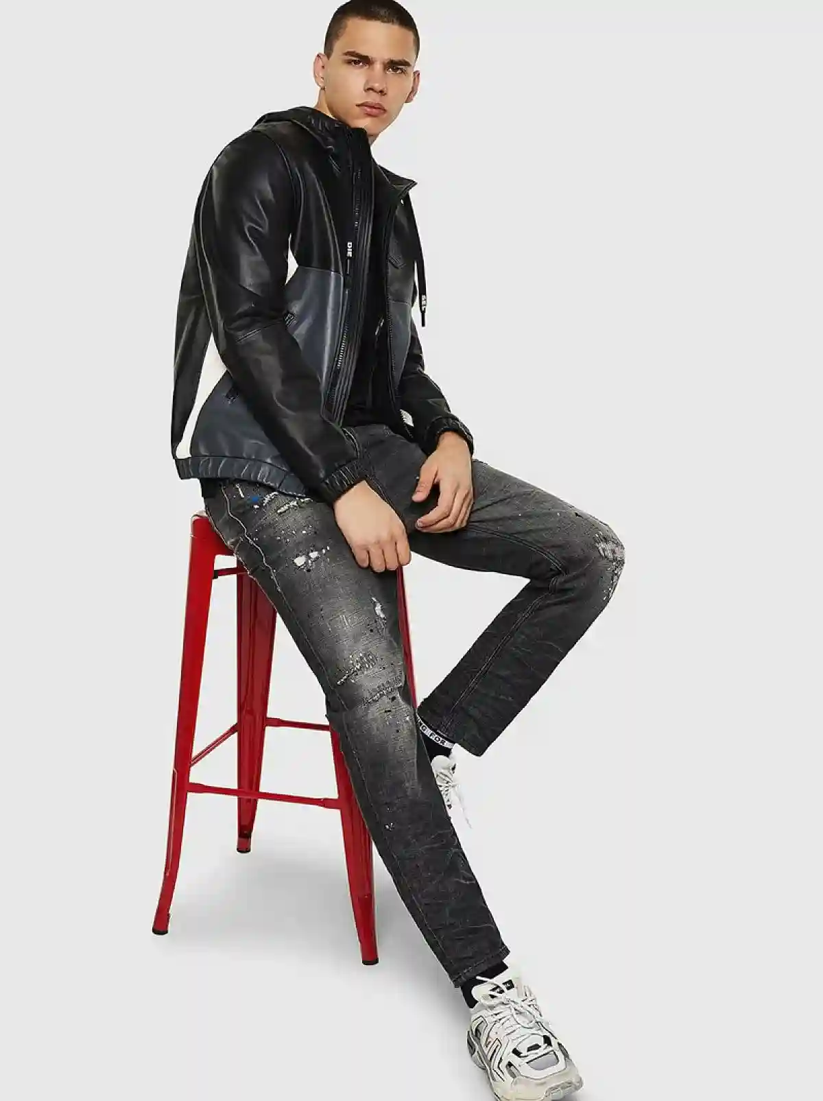 Black Leather jacket with colour-block design