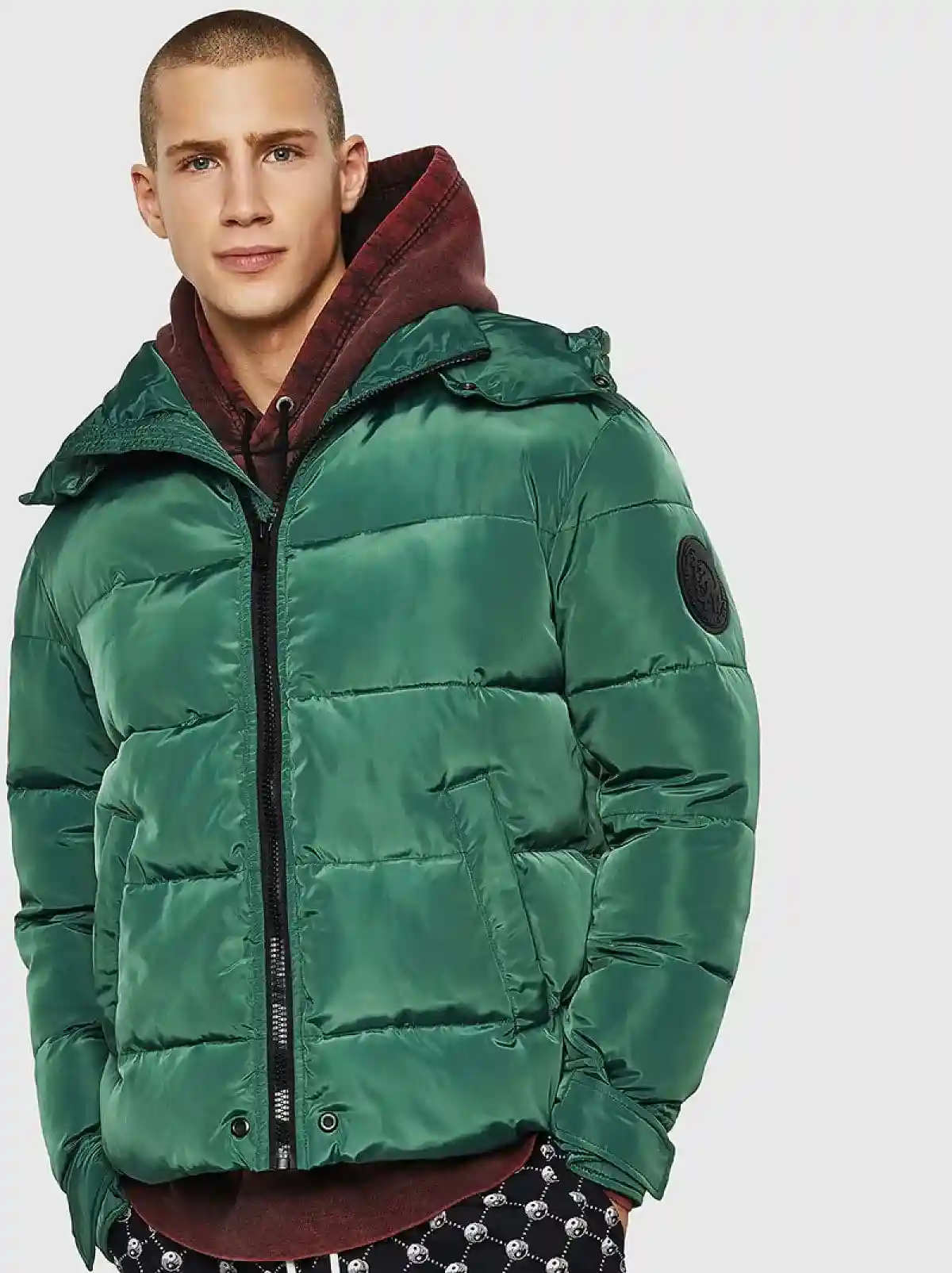 Green Puffer jacket with logo print