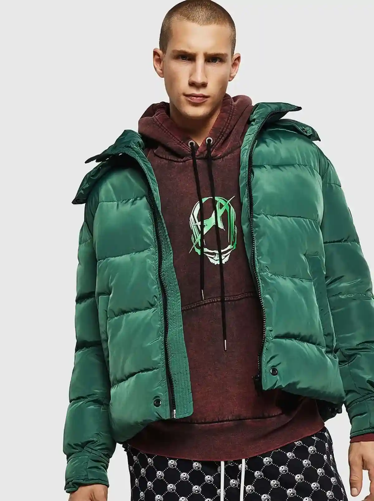 Green Puffer jacket with logo print