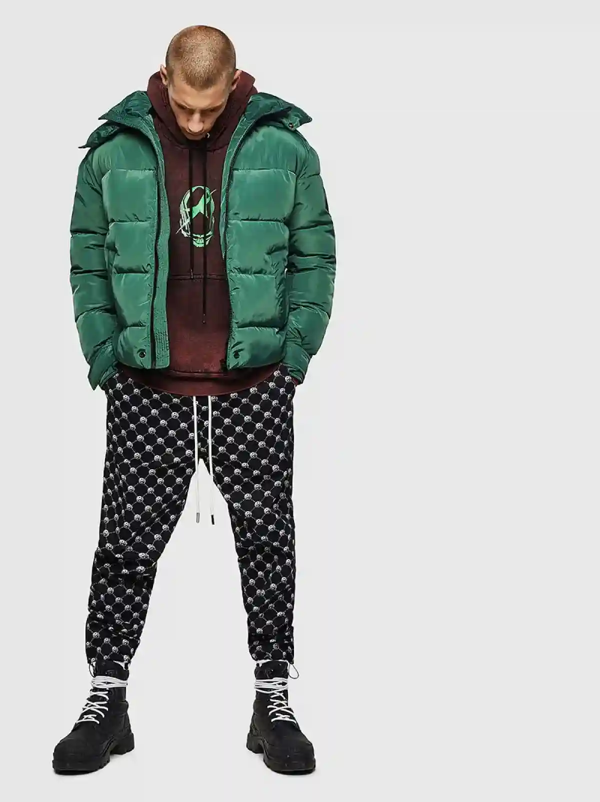 Green Puffer jacket with logo print