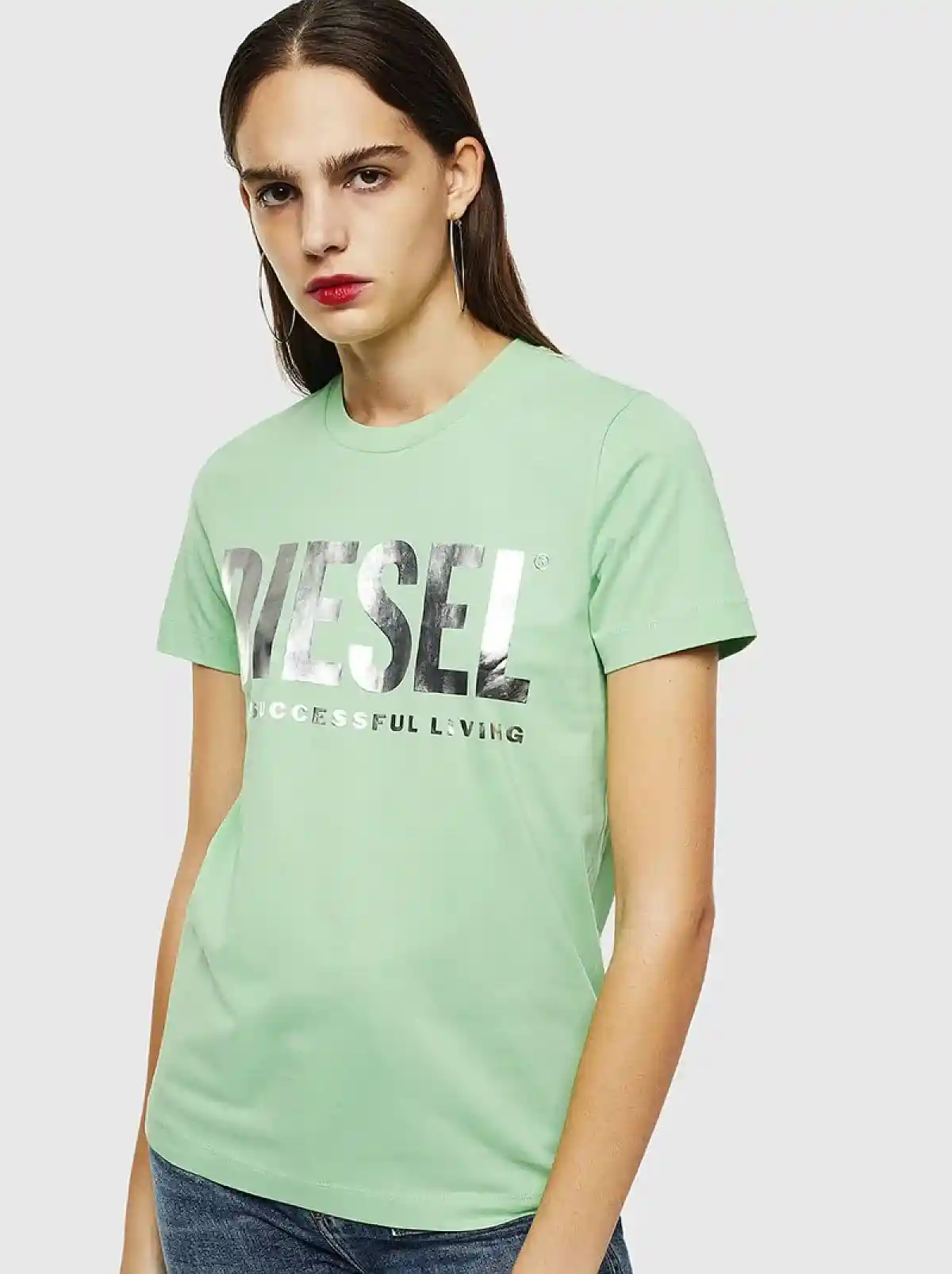 Green T-shirt with PVC lettering and slogan