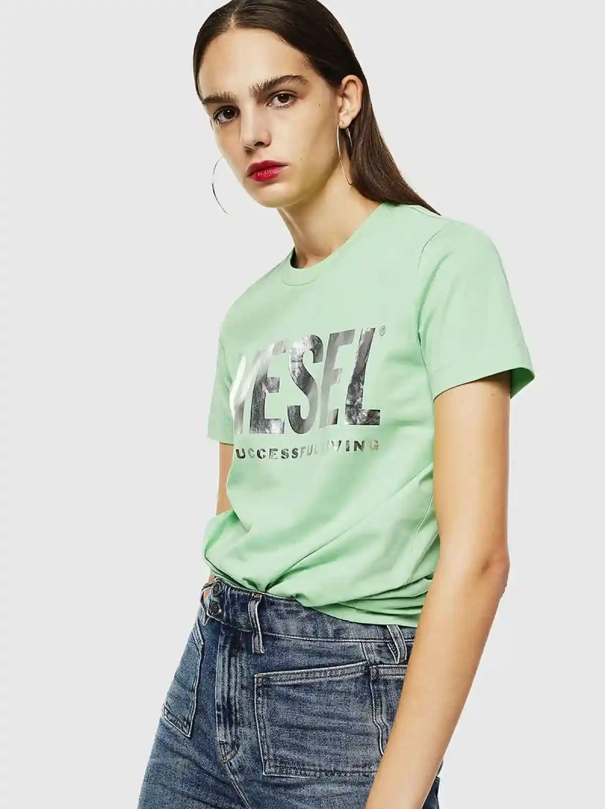 Green T-shirt with PVC lettering and slogan