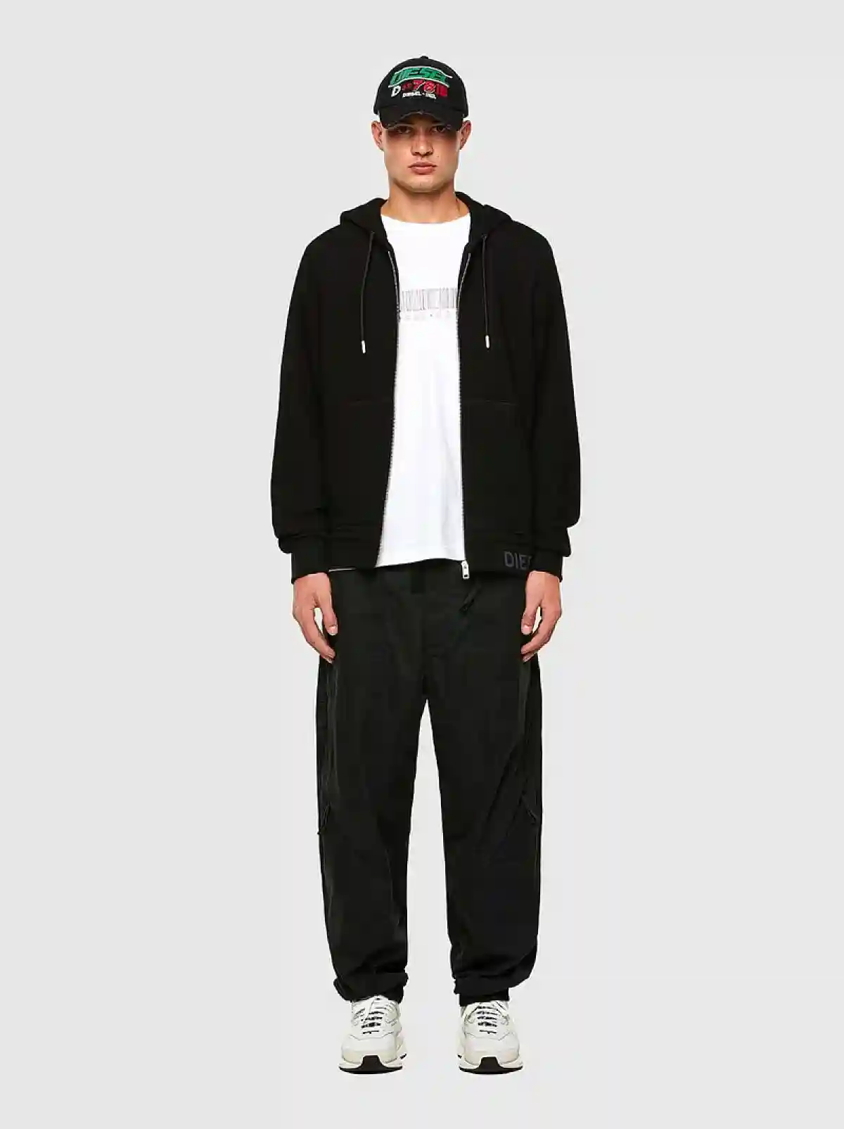 Black Waffle-knit hoodie with logo hem