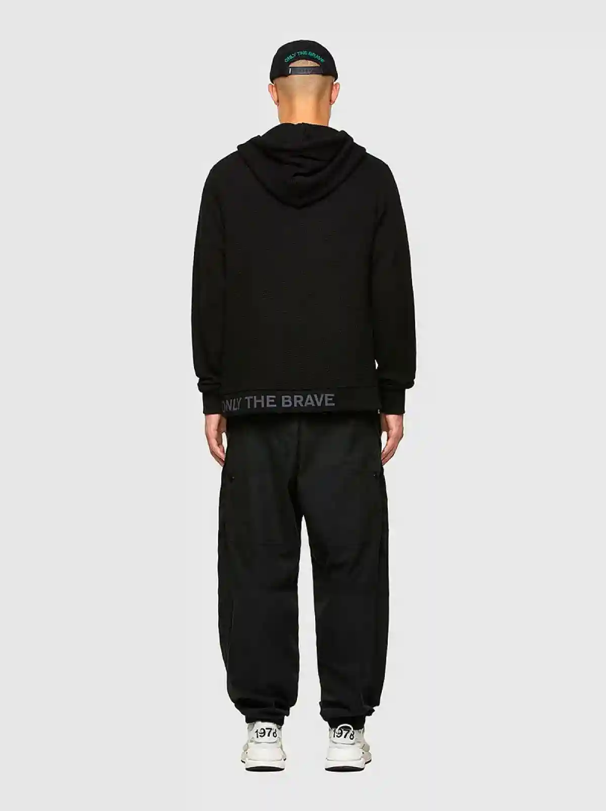 Black Waffle-knit hoodie with logo hem