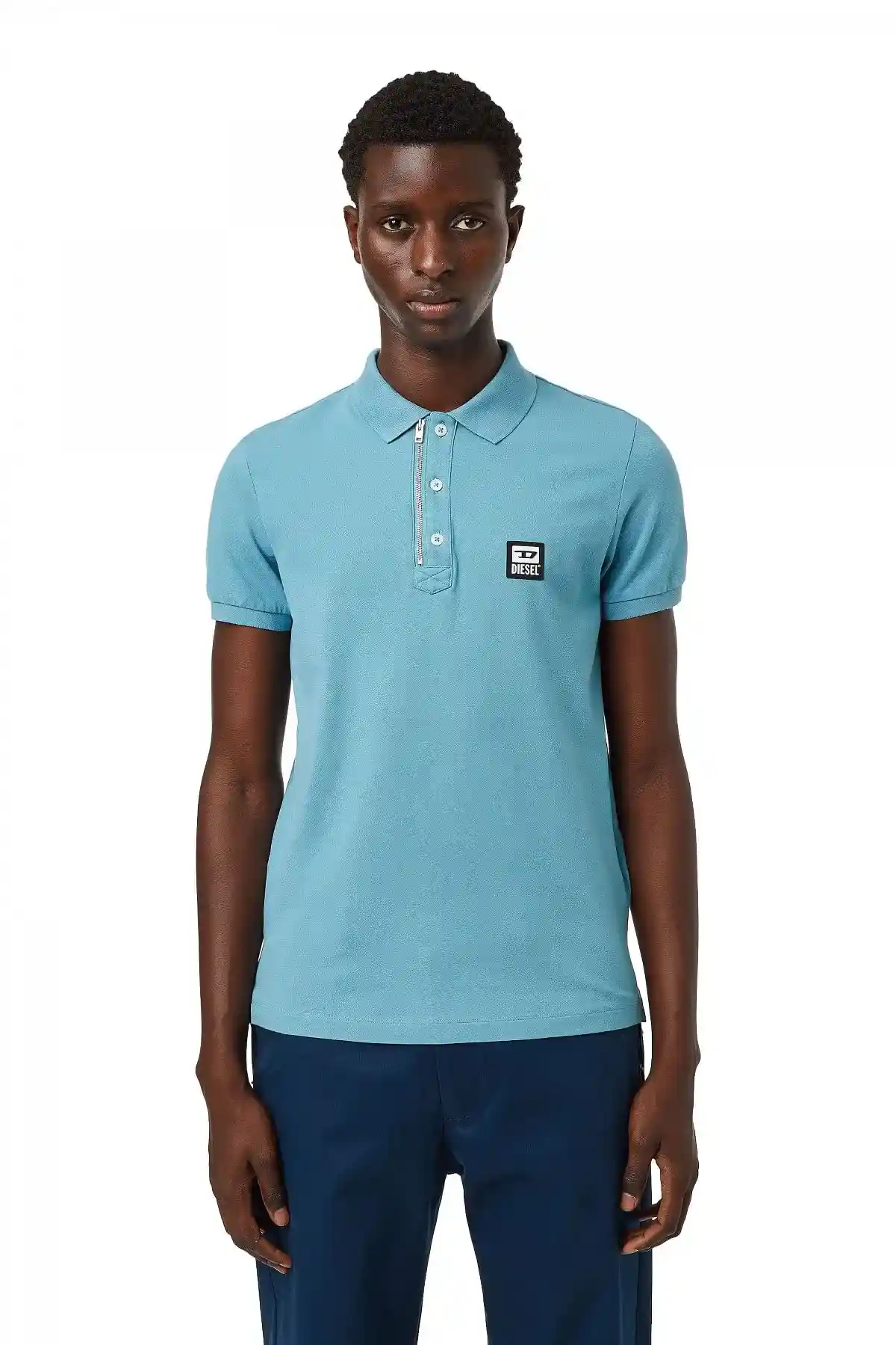 Blue Pique polo shirt with zip detail