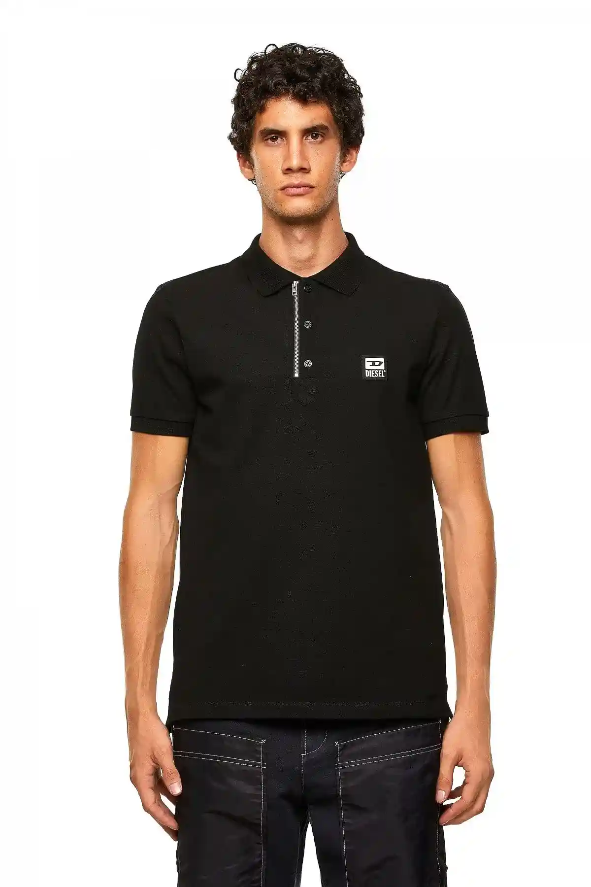 Black Pique polo shirt with zip detail
