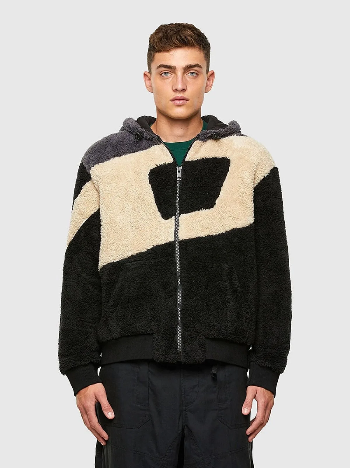 Multicolor Zip-up hoodie in colour-block teddy