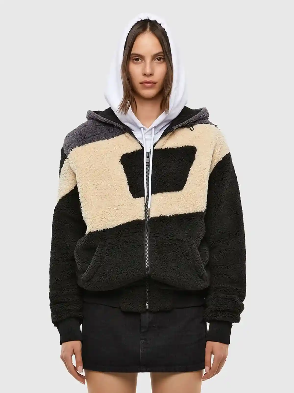 Multicolor Zip-up hoodie in colour-block teddy