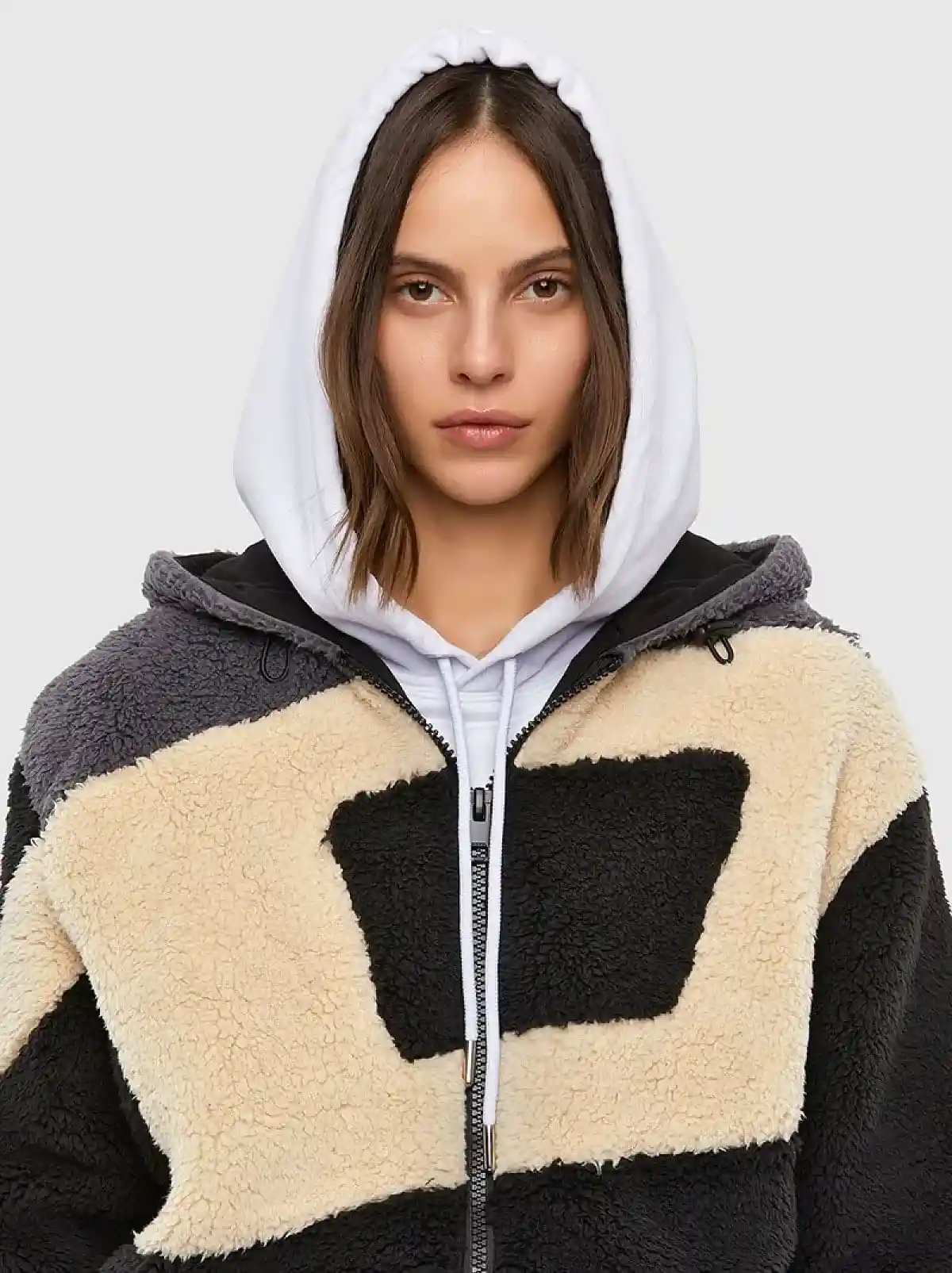 Multicolor Zip-up hoodie in colour-block teddy