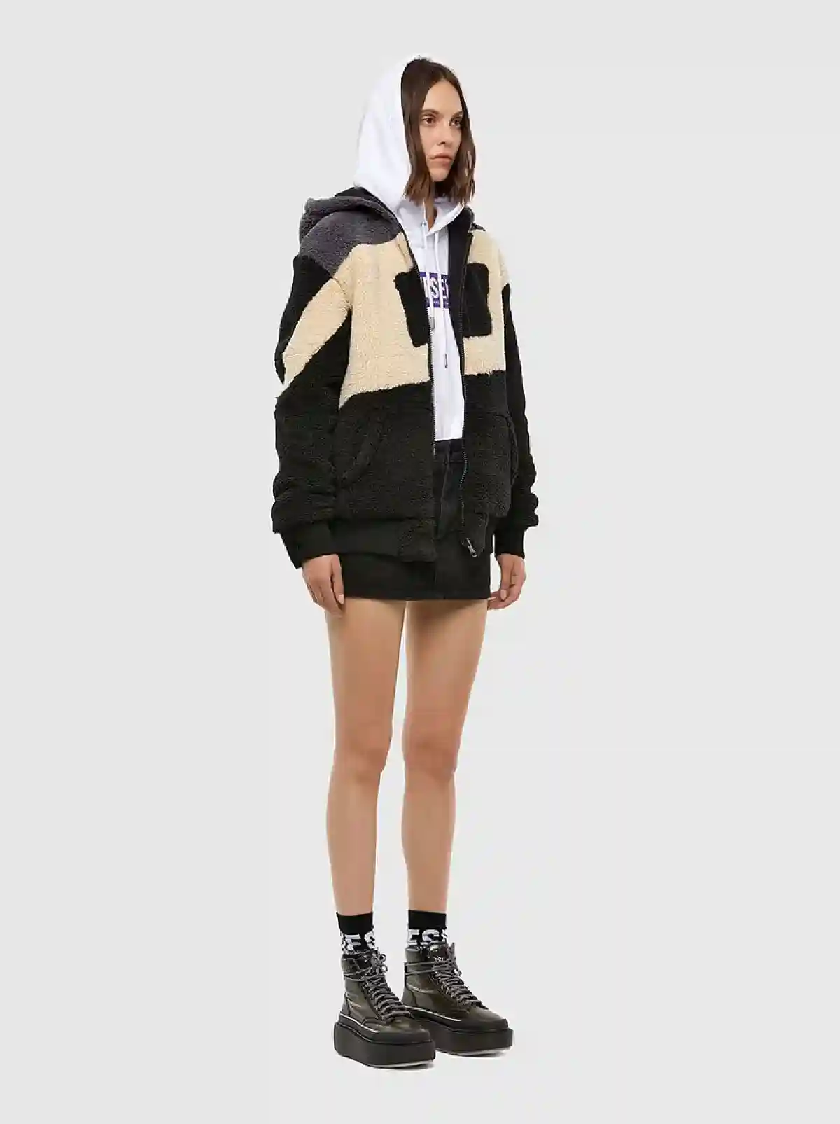 Multicolor Zip-up hoodie in colour-block teddy
