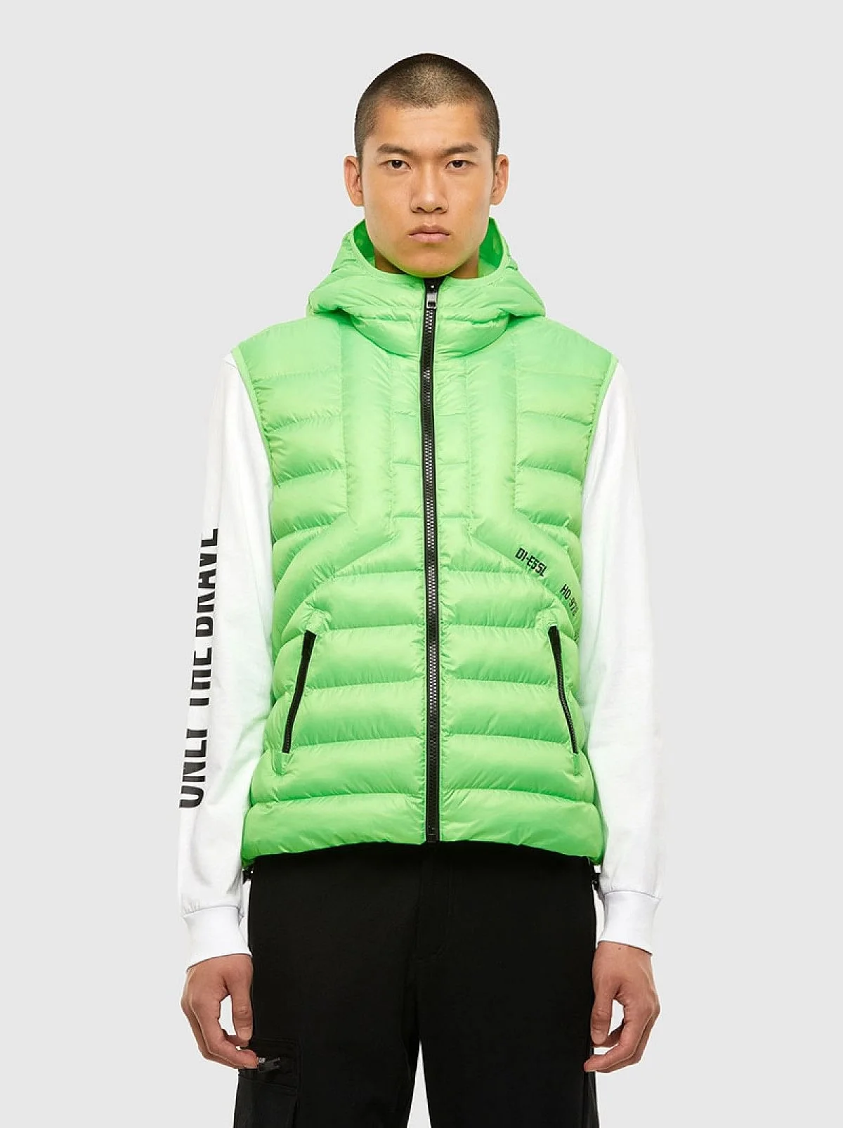 Green Hooded vest in quilted nylon