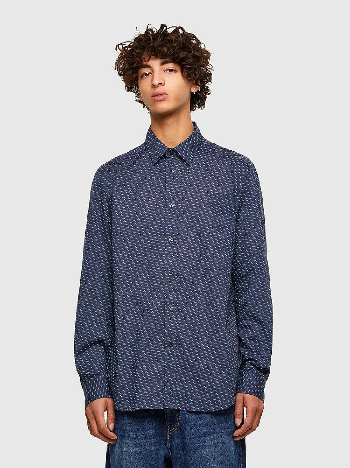 Blue Poplin shirt with geo micro-print