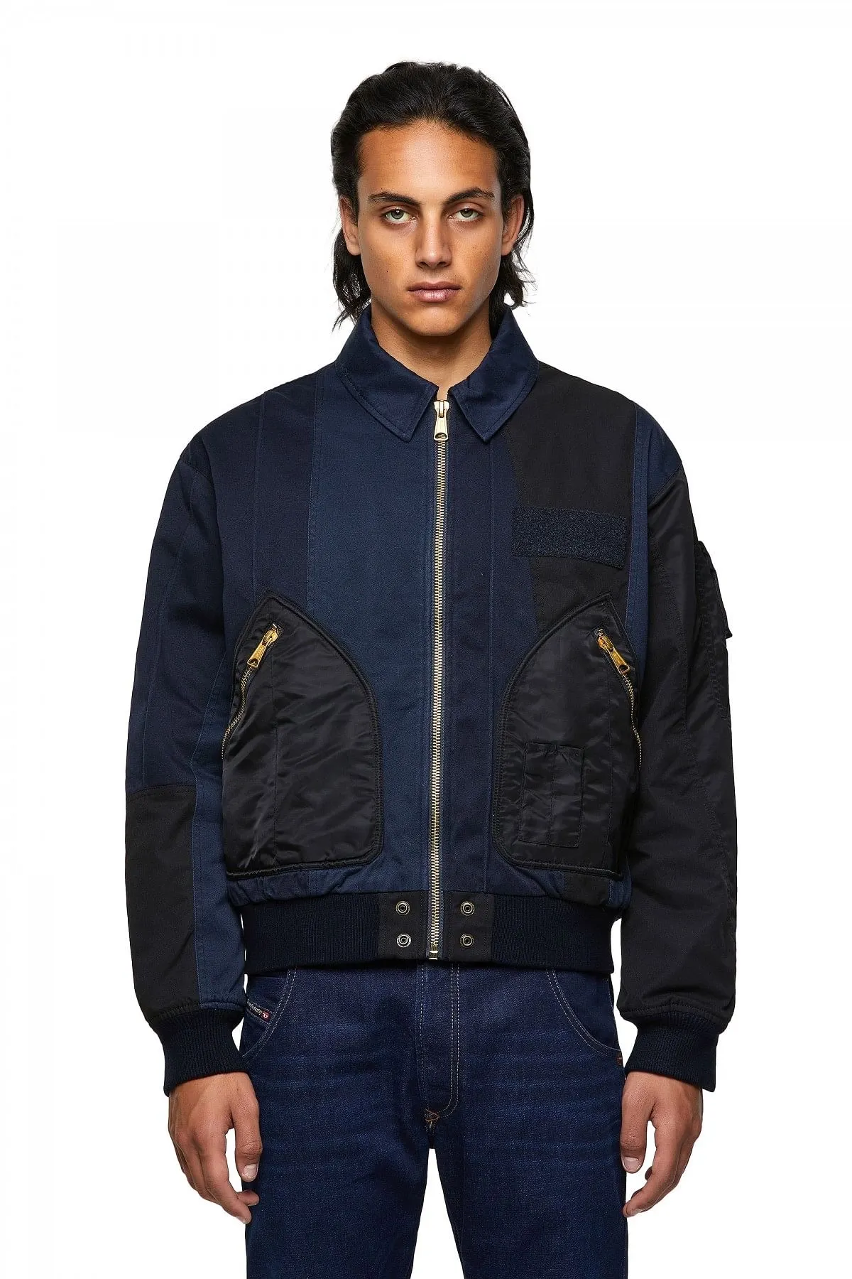 Blue Bomber jacket with panelled design