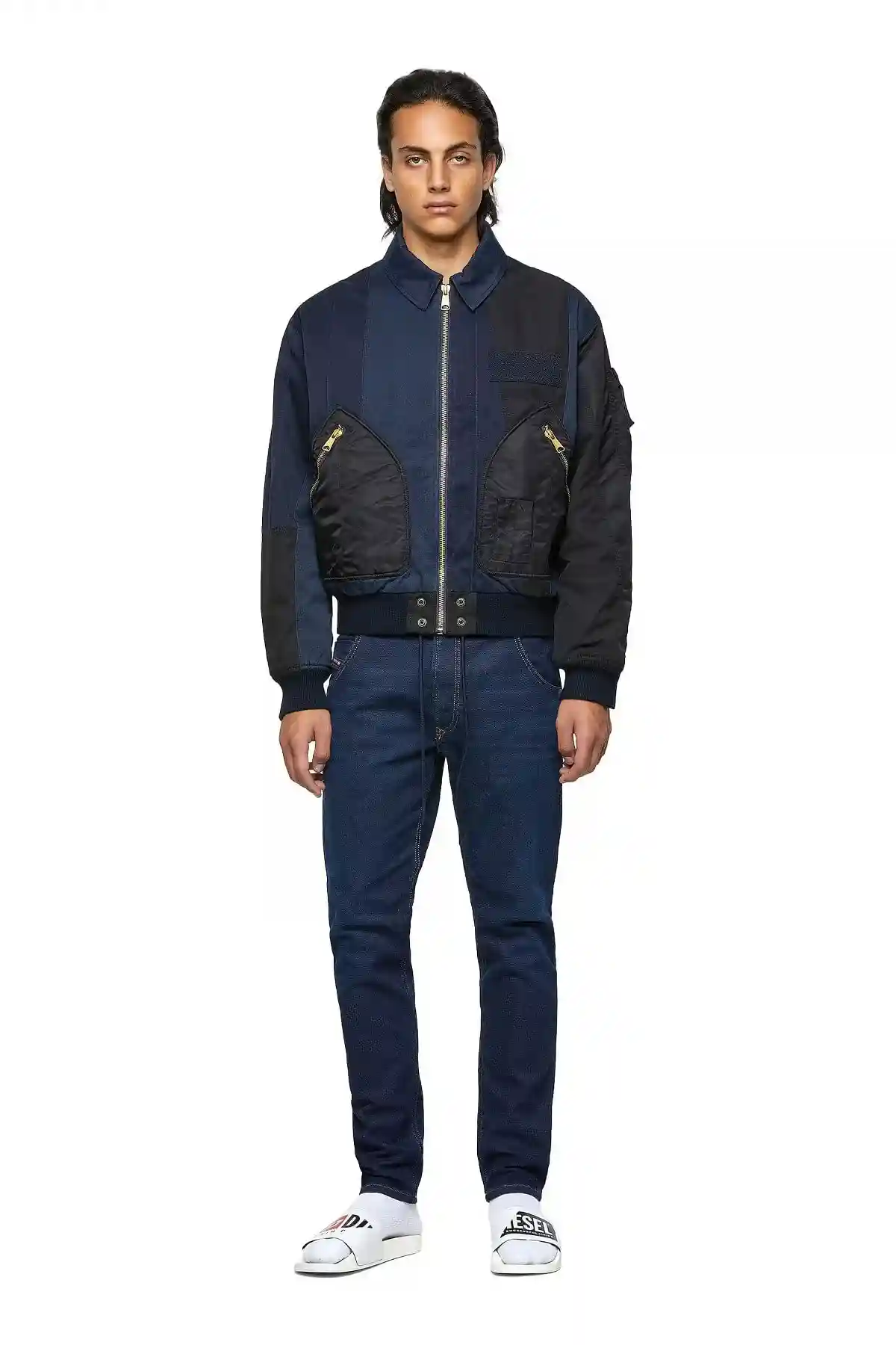 Blue Bomber jacket with panelled design