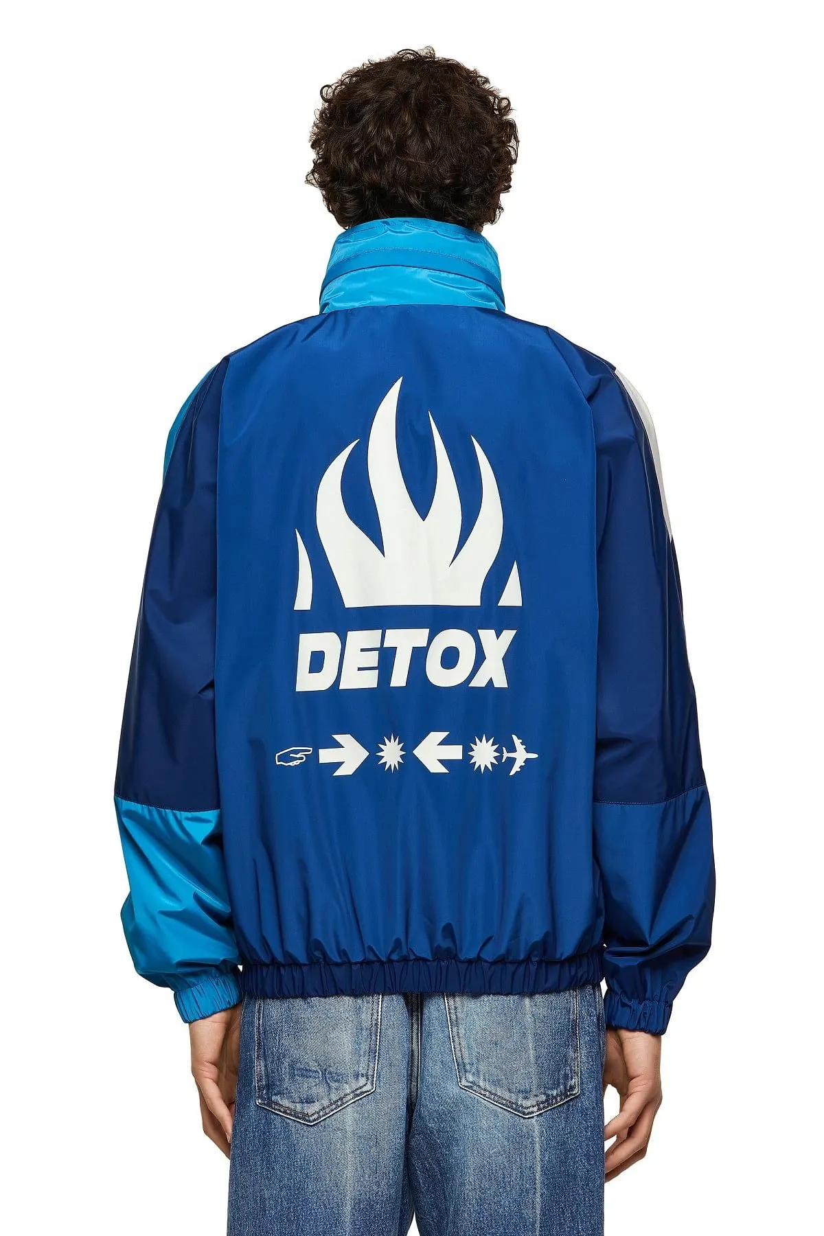 Blue Colour-block jacket with Detox print