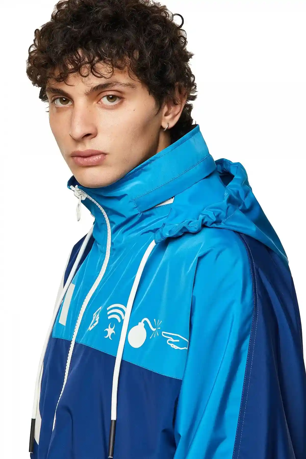 Blue Colour-block jacket with Detox print