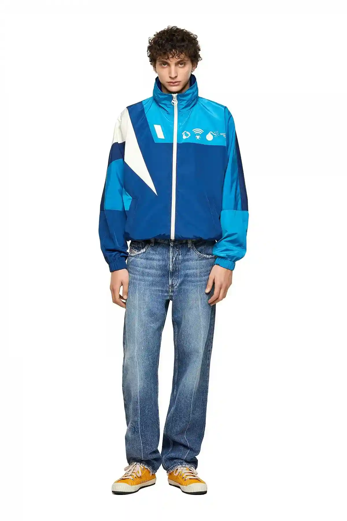 Blue Colour-block jacket with Detox print