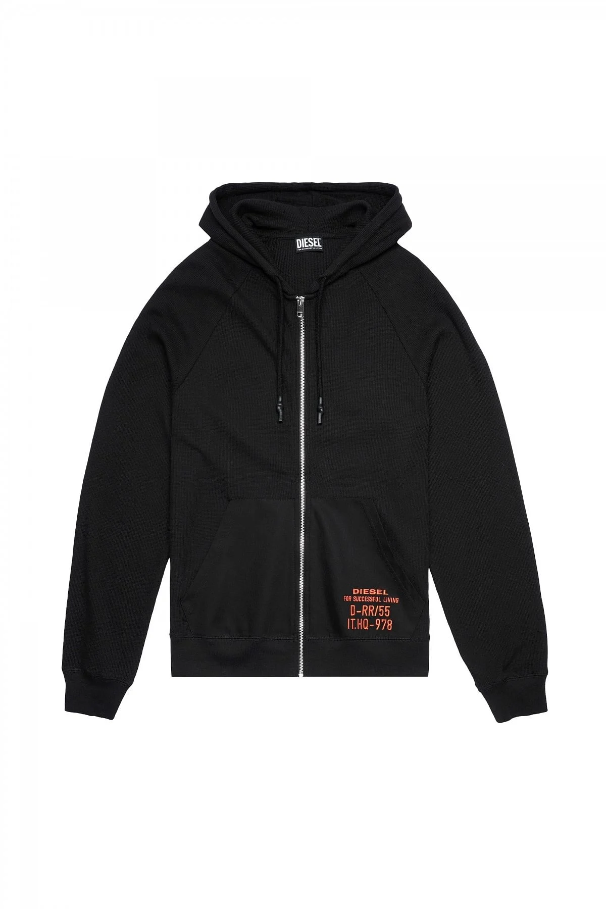DIESEL waffle knit zip up hoodie サーマル Black Zip-up hoodie in waffle knit