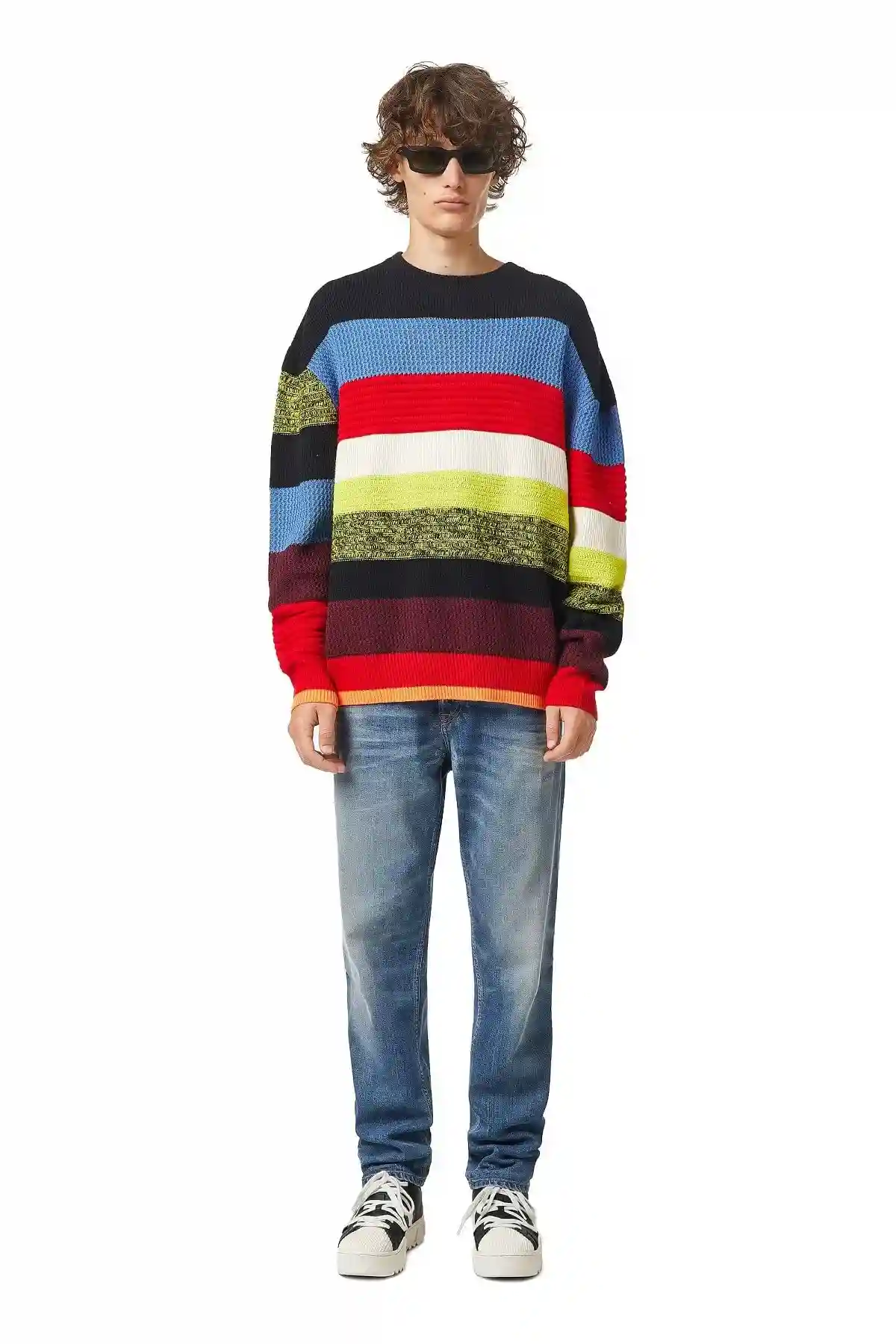 Black and Red Striped textured-knit pullover in wool