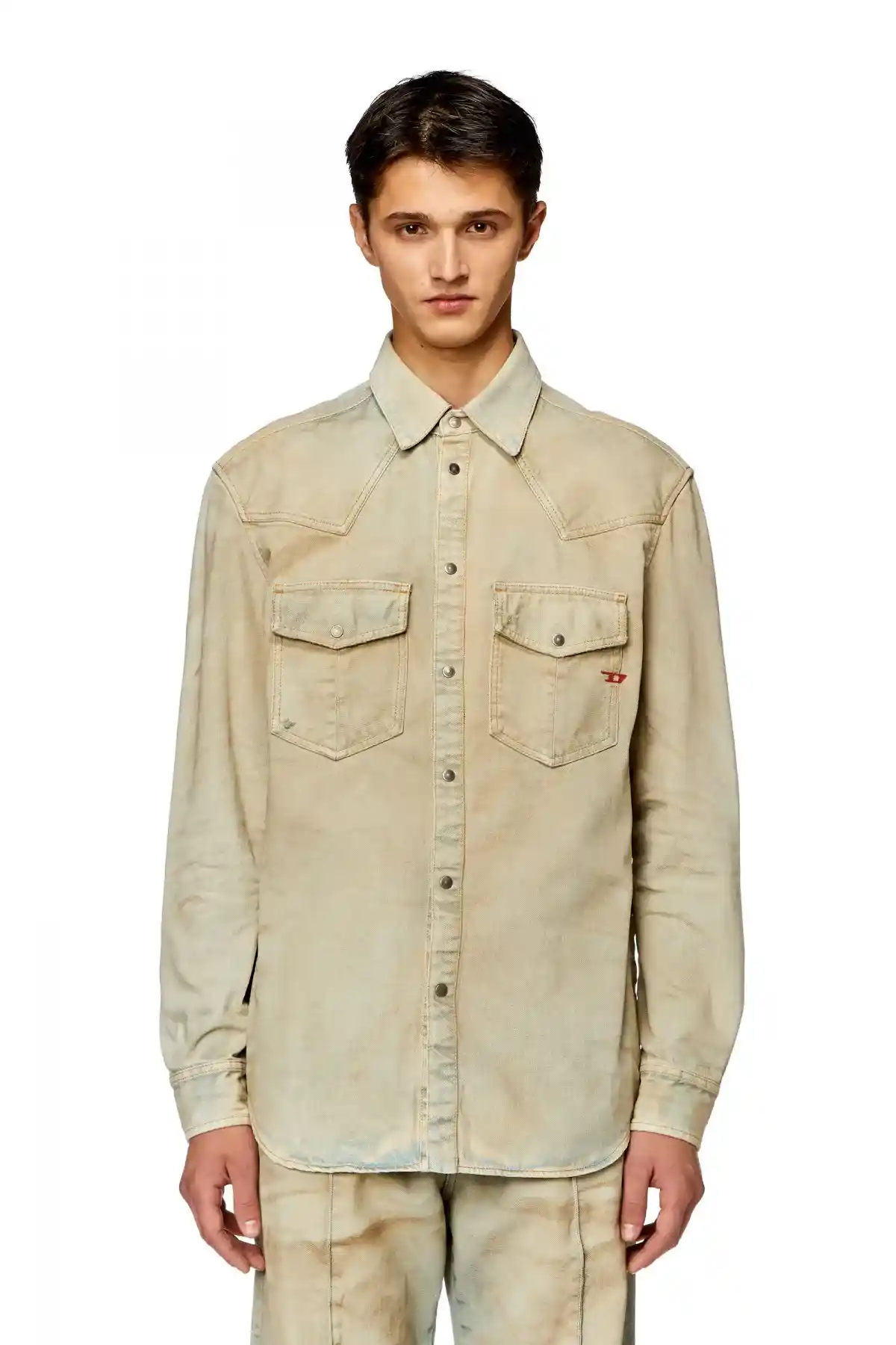 Beige Western shirt in distressed denim