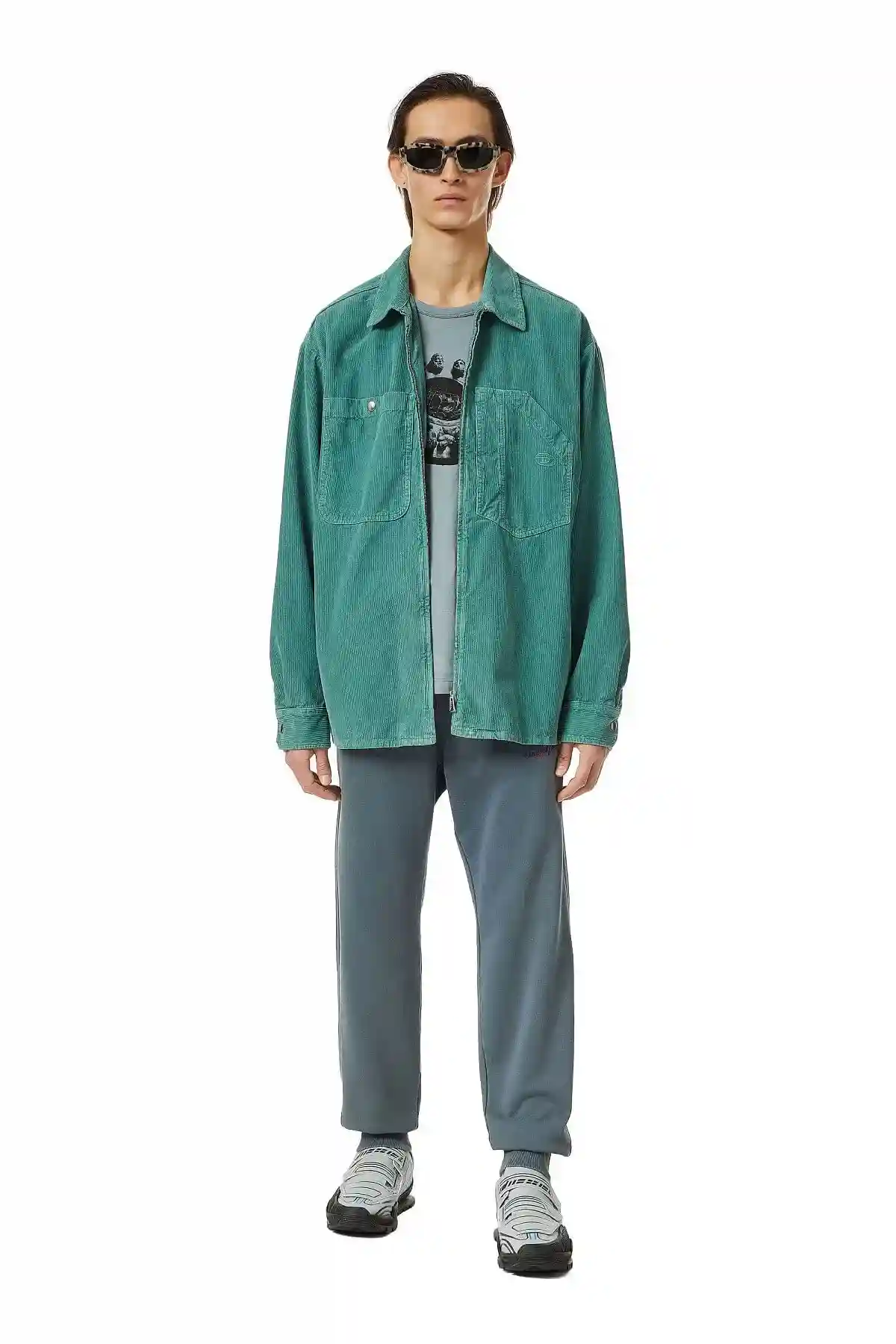 Green Military jacket in stonewashed corduroy