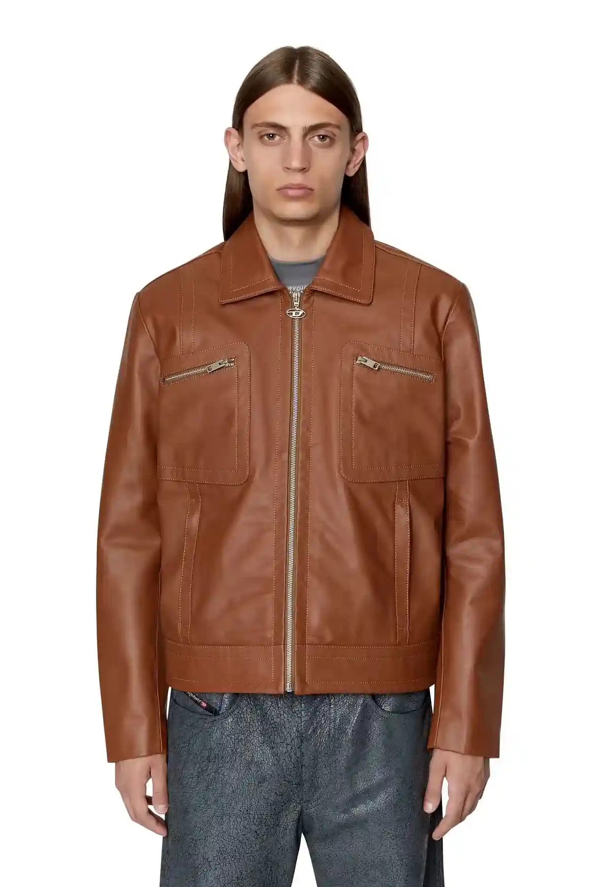 Brown Leather jacket with zip pockets
