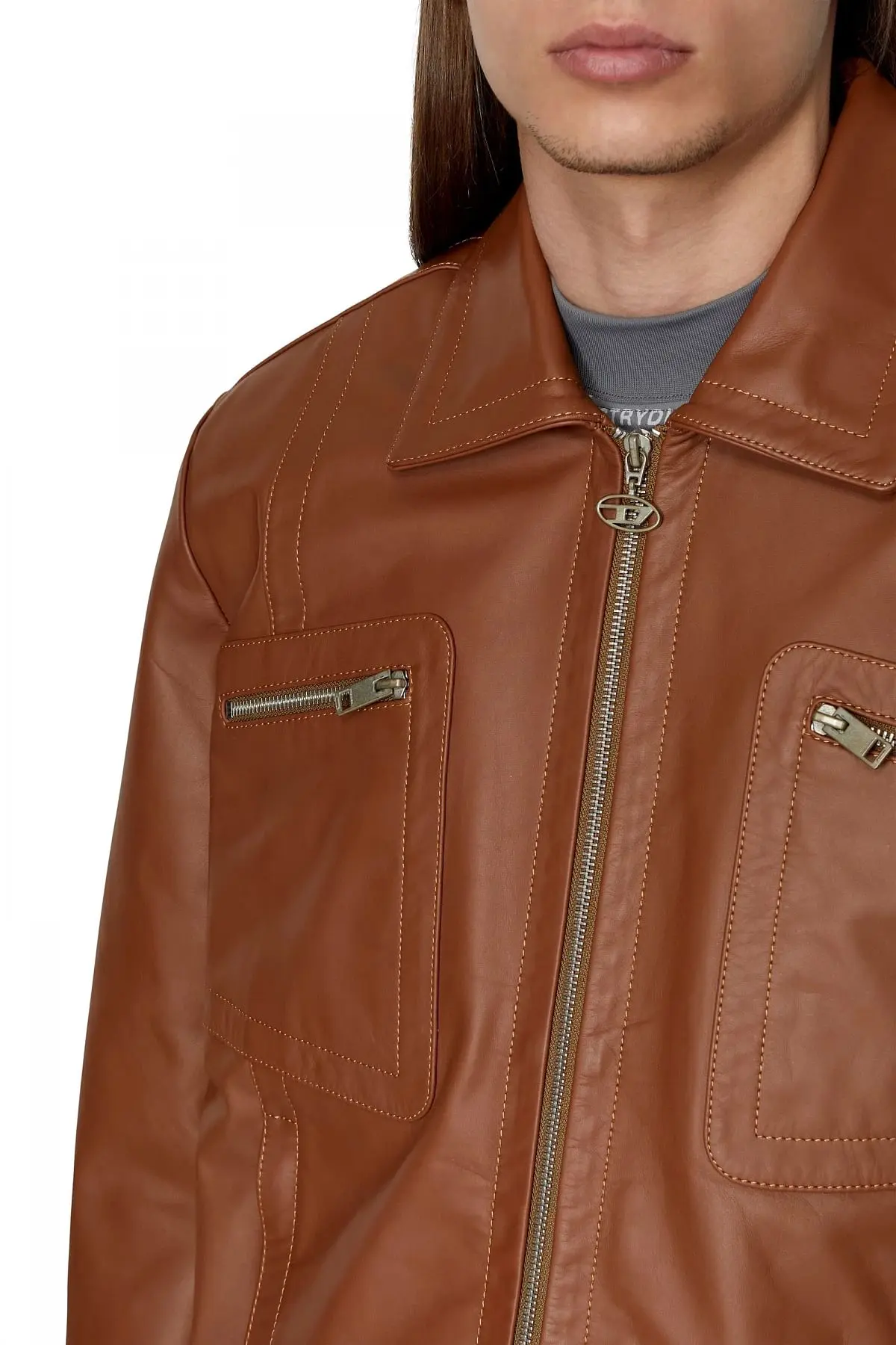 Brown Leather jacket with zip pockets