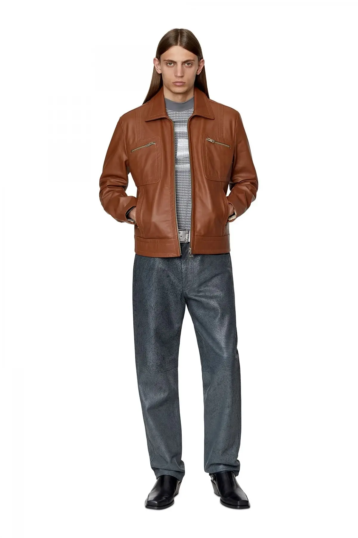 Brown Leather jacket with zip pockets