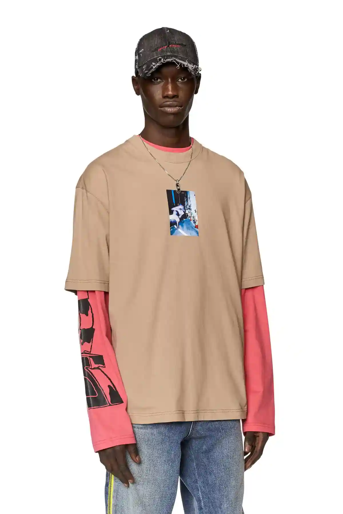 Beige T-shirt with photo prints