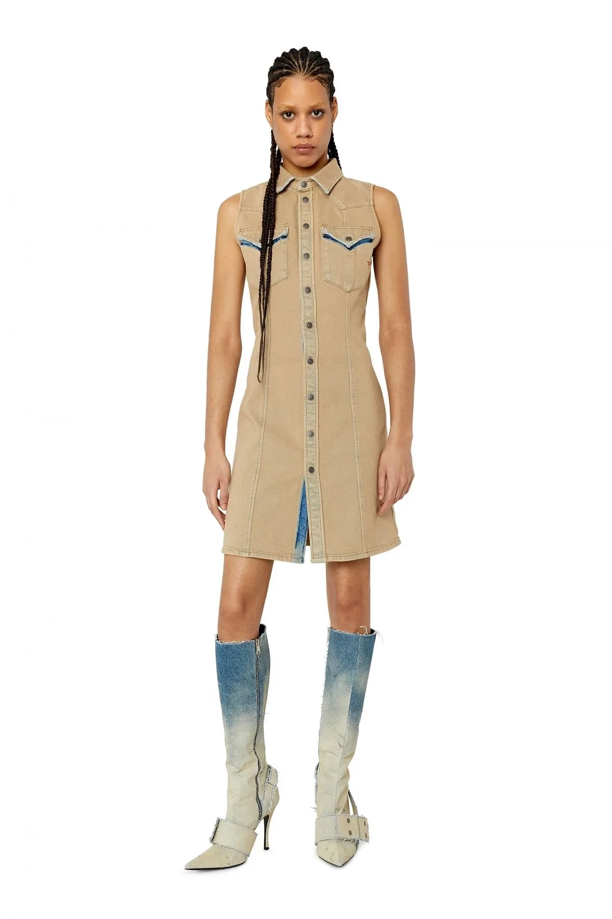 Beige Short Western dress in coloured denim