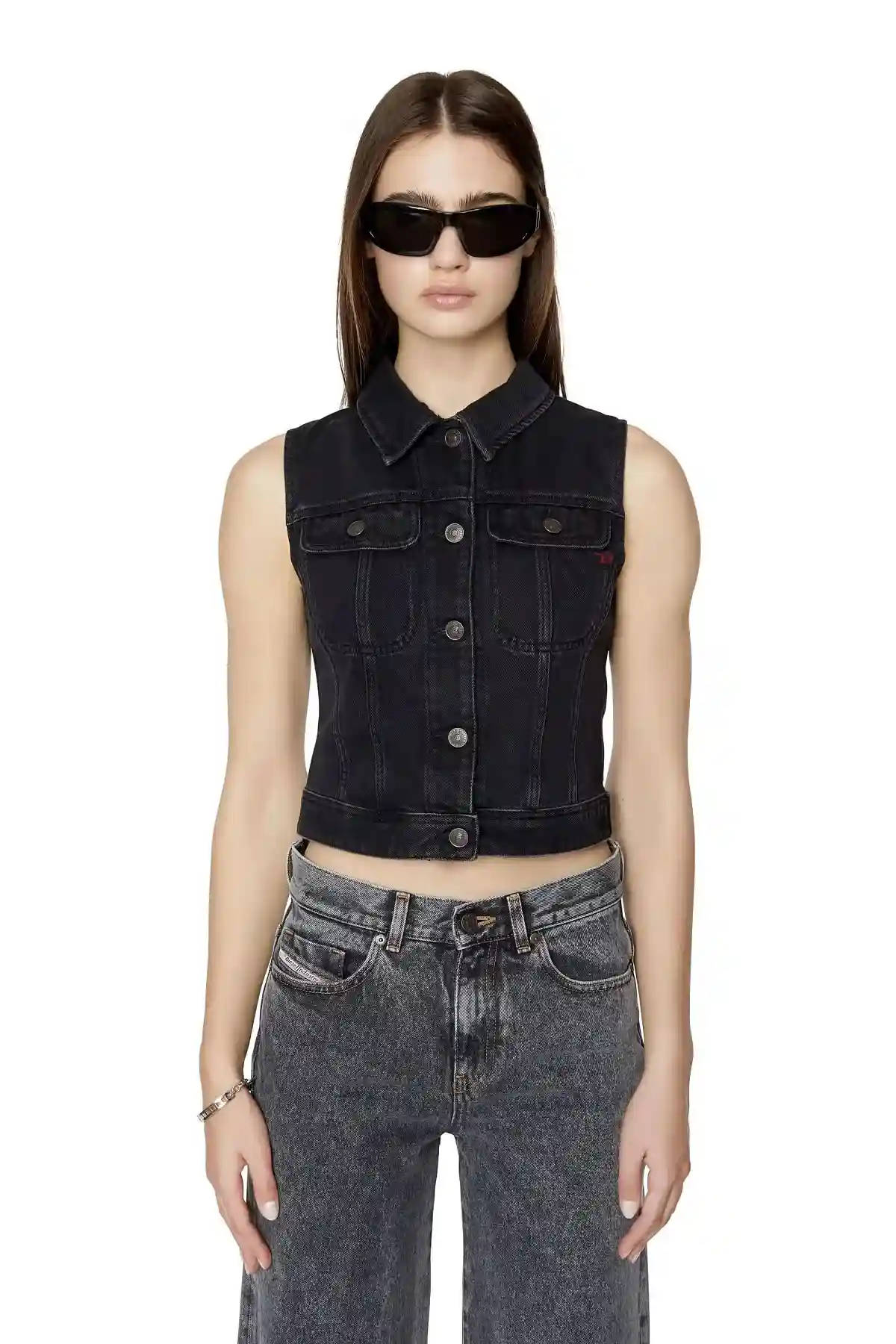 Grey Slim-fit sleeveless trucker jacket