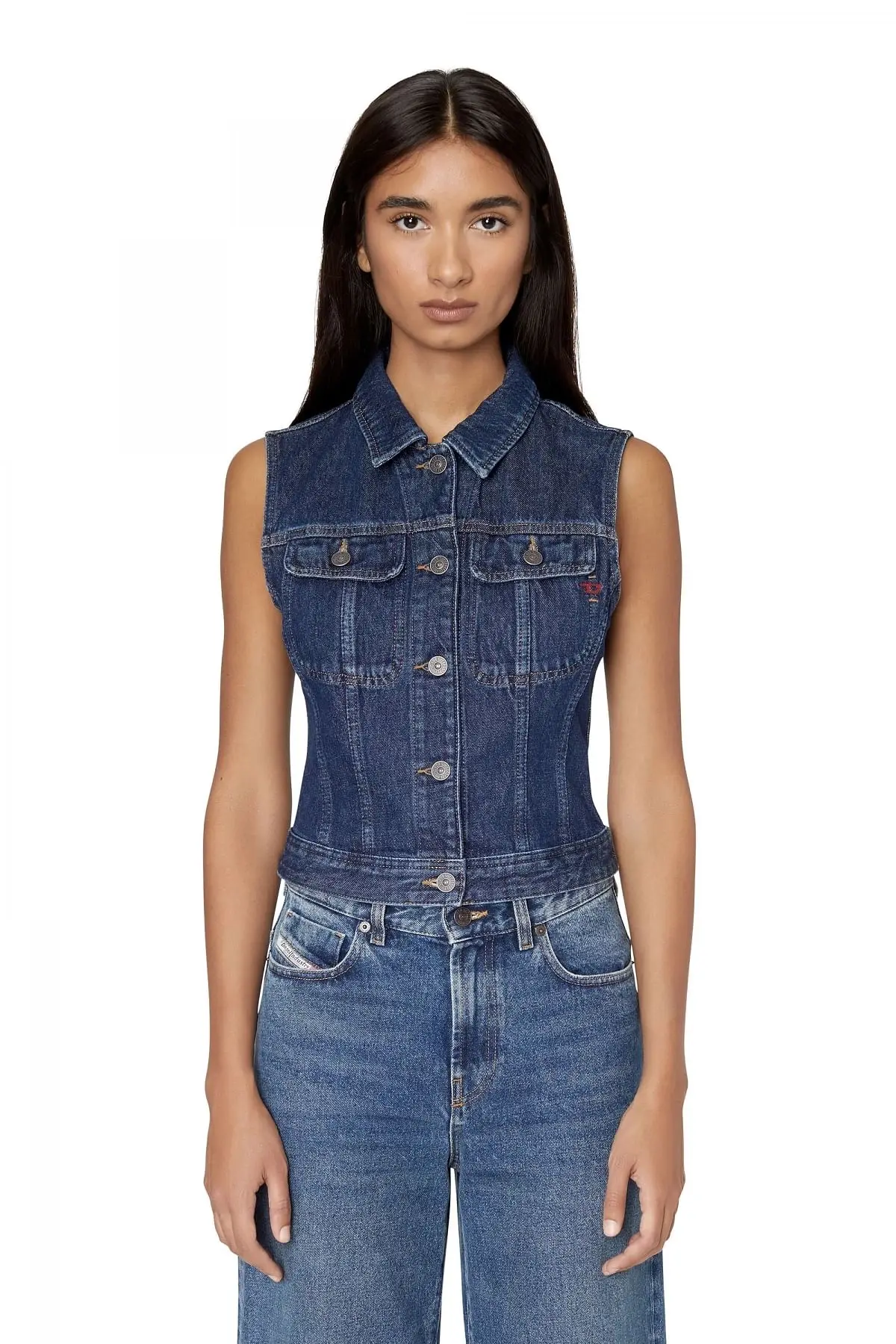 Blue Slim-fit sleeveless trucker jacket
