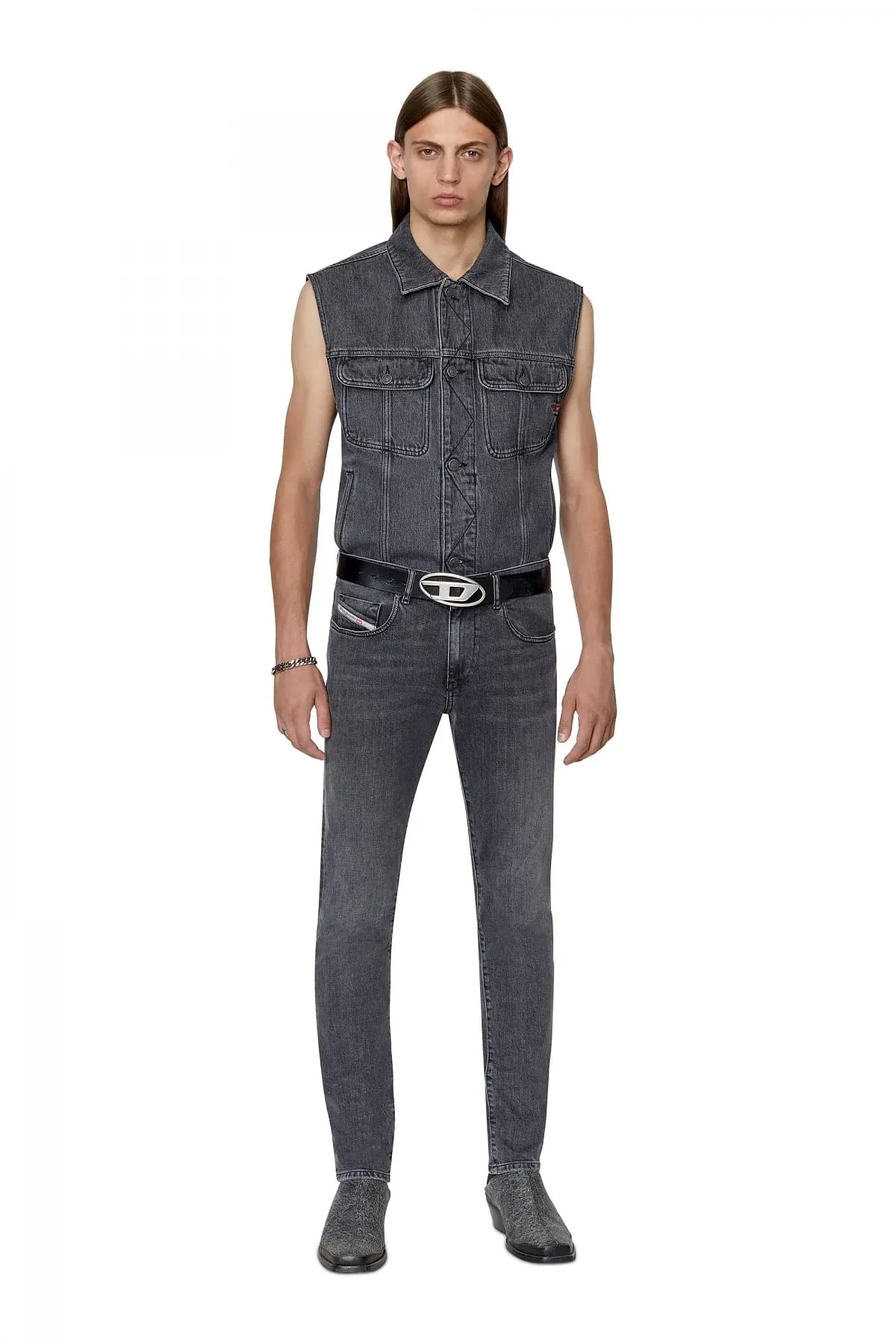 Grey Regular-fit sleeveless trucker jacket