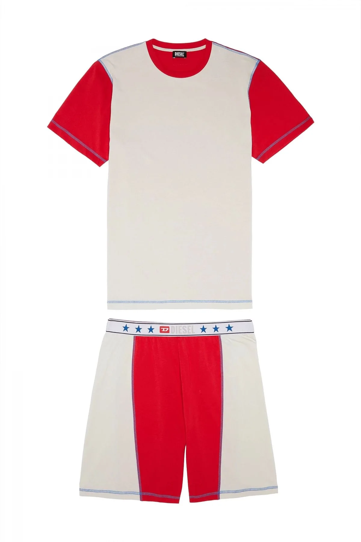 White and Red Colour-block pyjama set with star waist