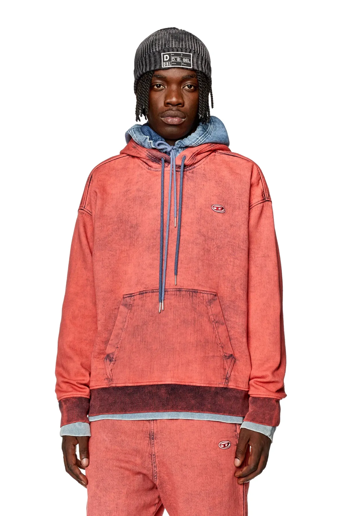 Red Hoodie in Track Denim