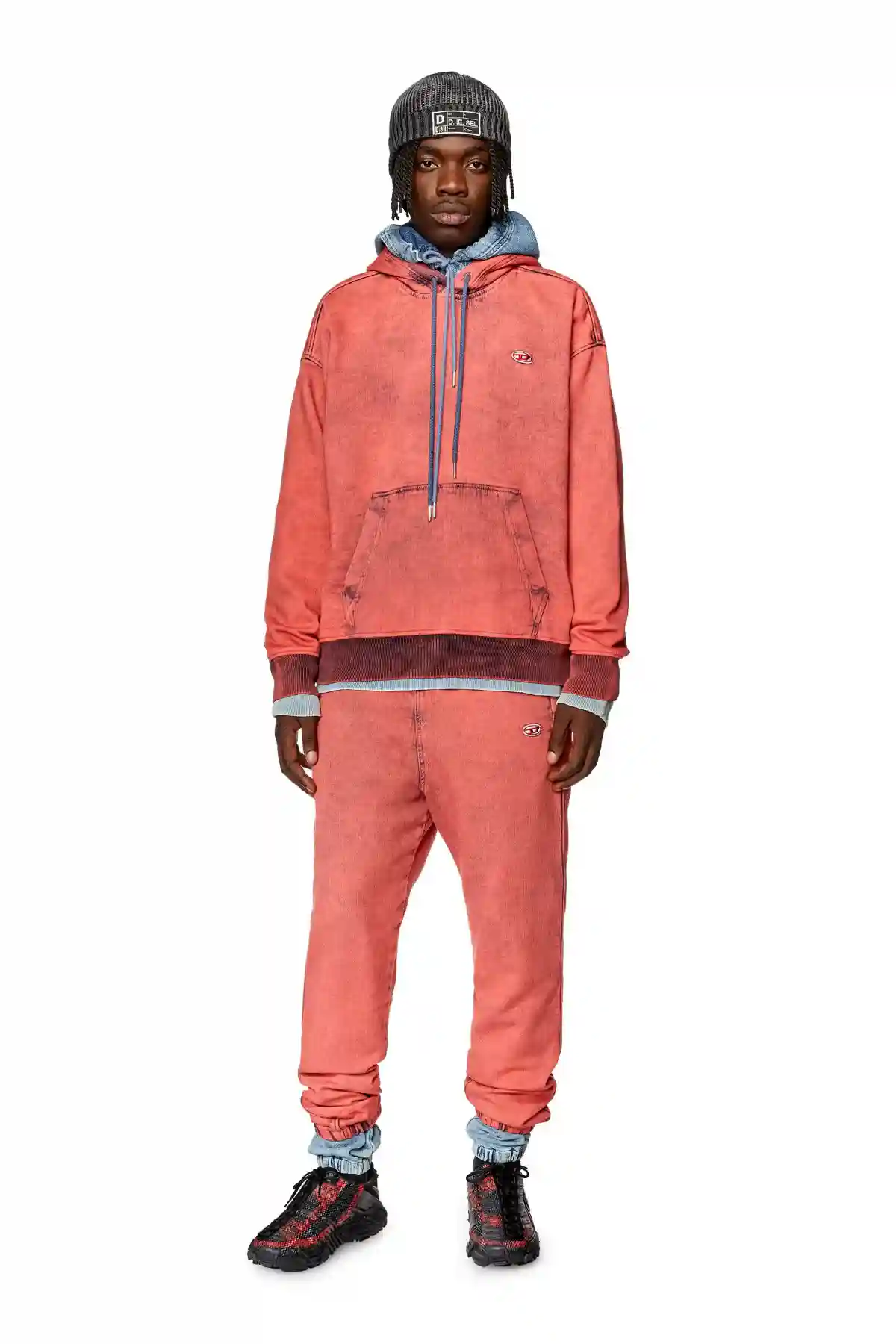 Red Hoodie in Track Denim