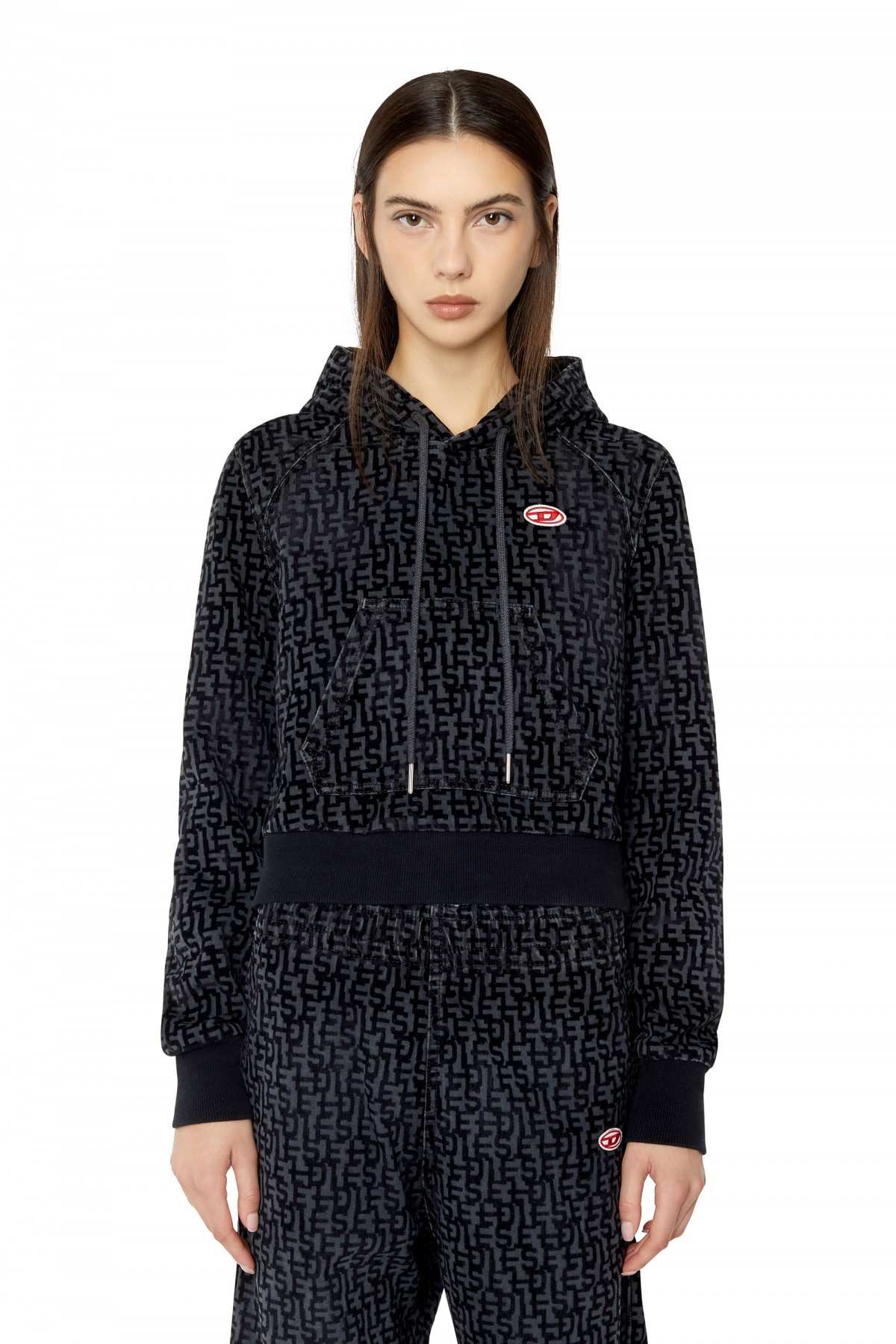 Black Monogram cropped hoodie in Track Denim