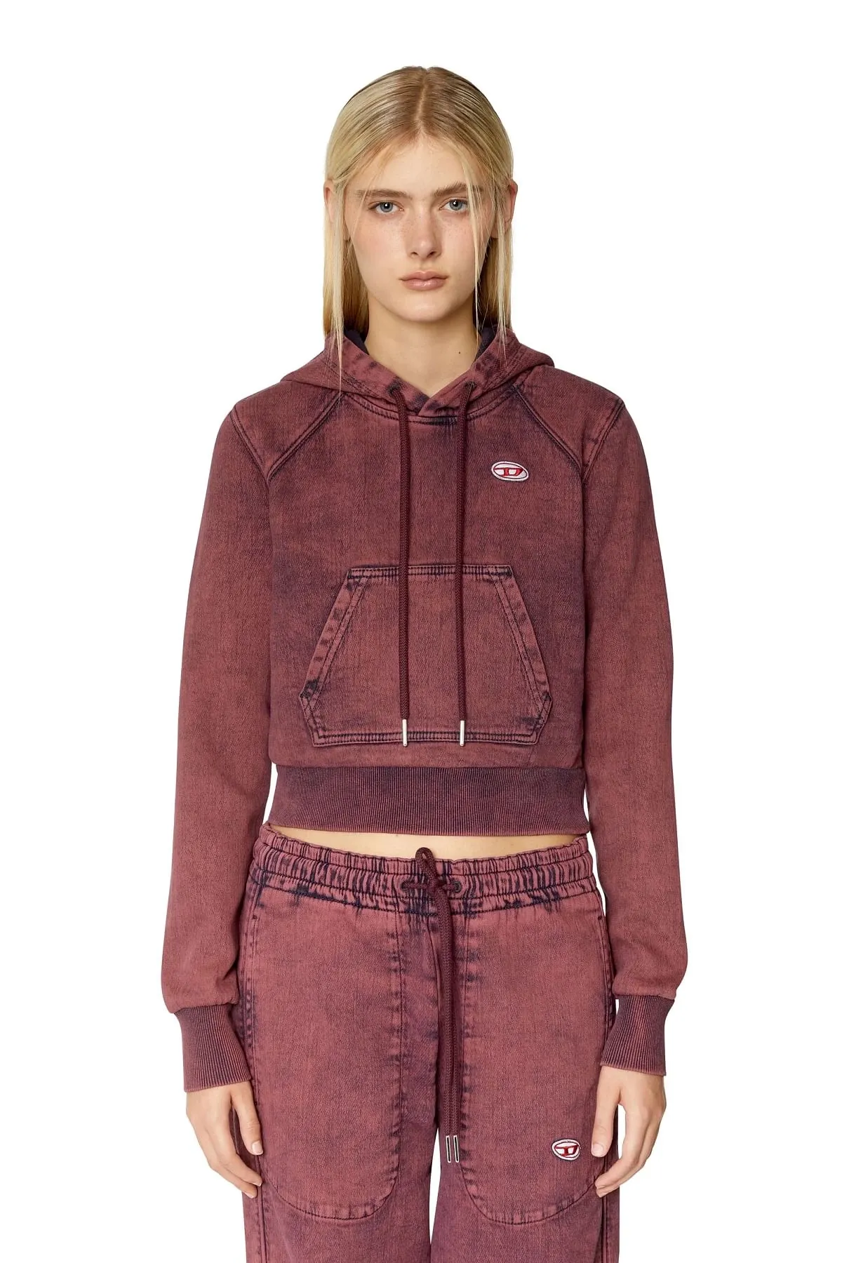 Red Overdyed cropped hoodie in Track Denim