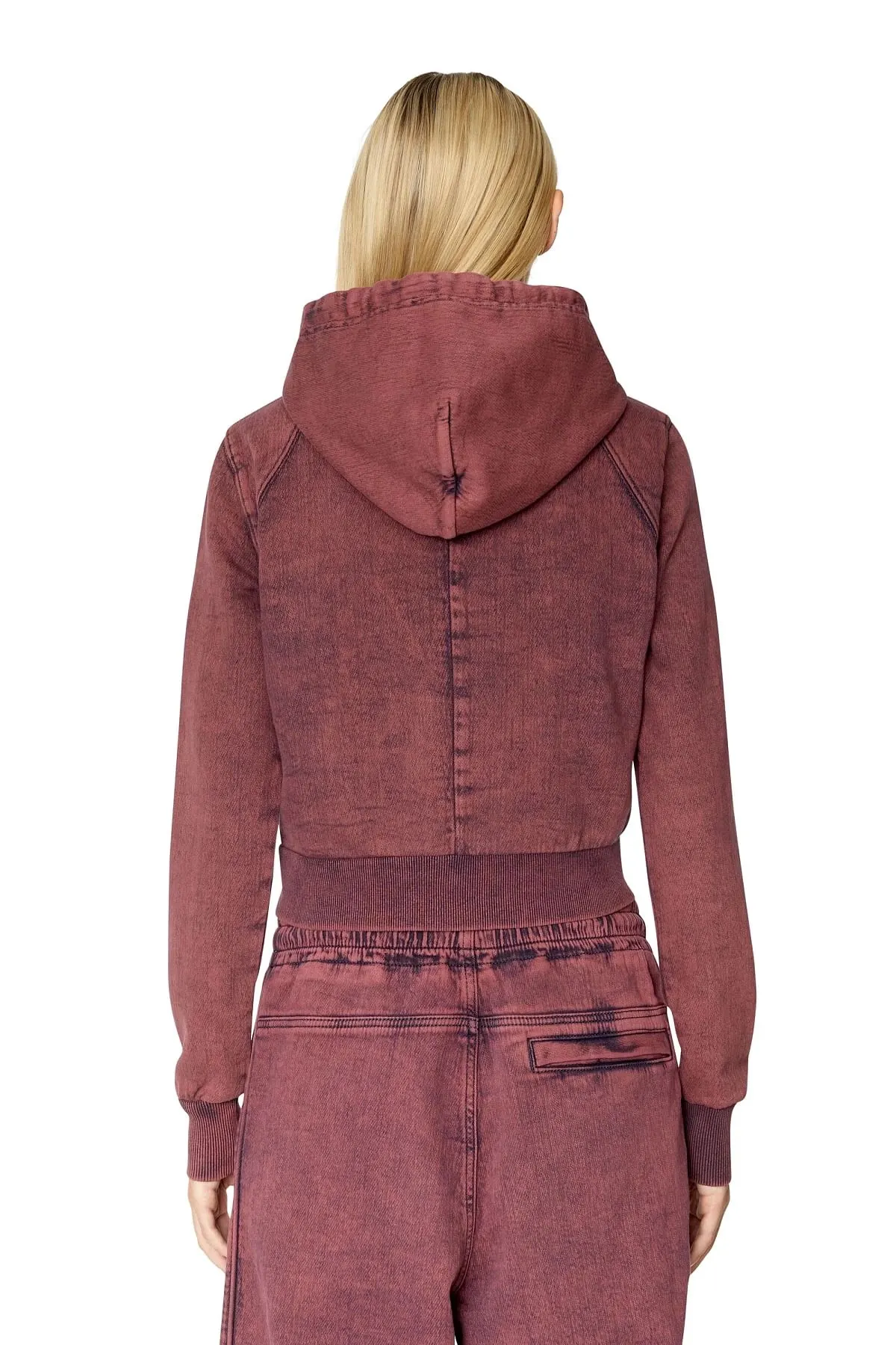 Red Overdyed cropped hoodie in Track Denim