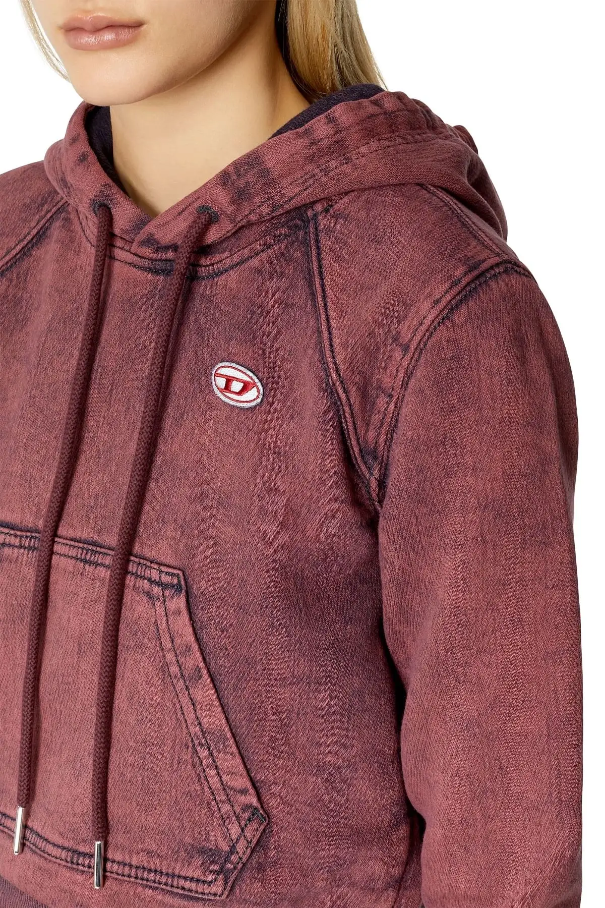 Red Overdyed cropped hoodie in Track Denim