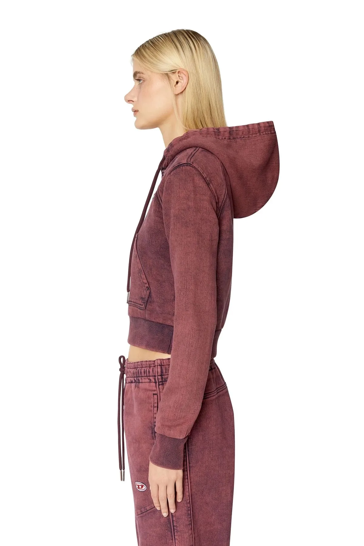 Red Overdyed cropped hoodie in Track Denim