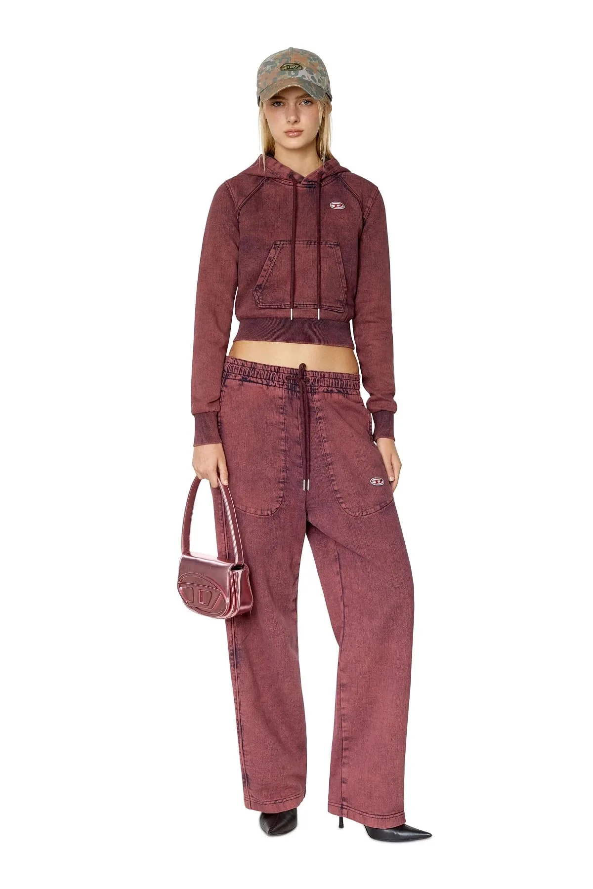 Red Overdyed cropped hoodie in Track Denim