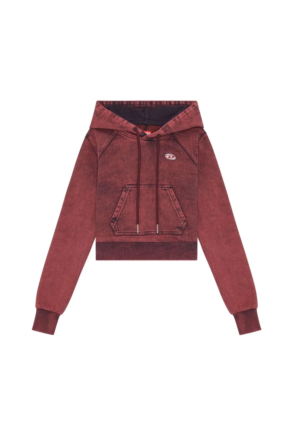 Red Overdyed cropped hoodie in Track Denim